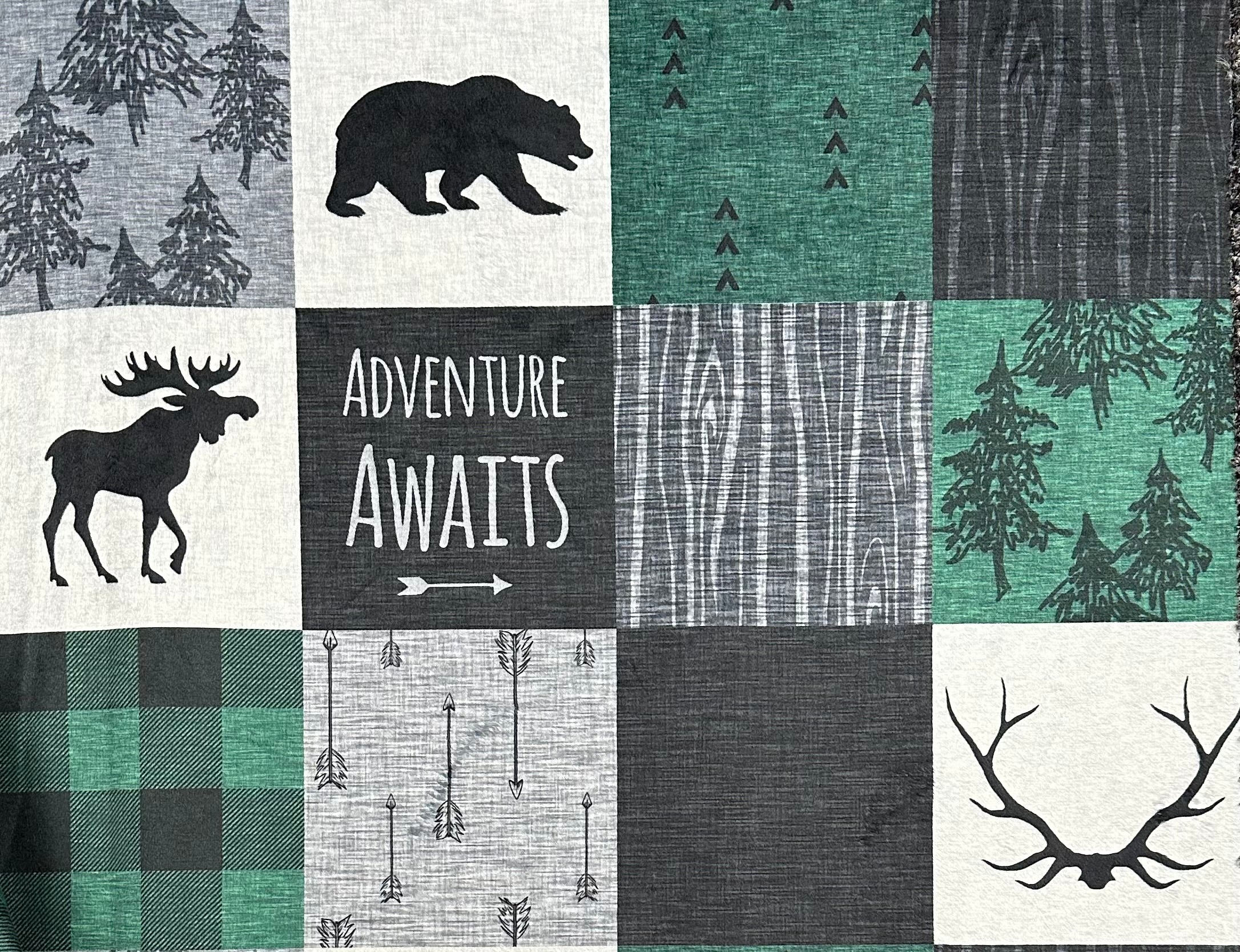 Premium Adventure Awaits Patchwork Minky Blanket - Green, Black & Gray on Heather Gray - Ultra Soft 55