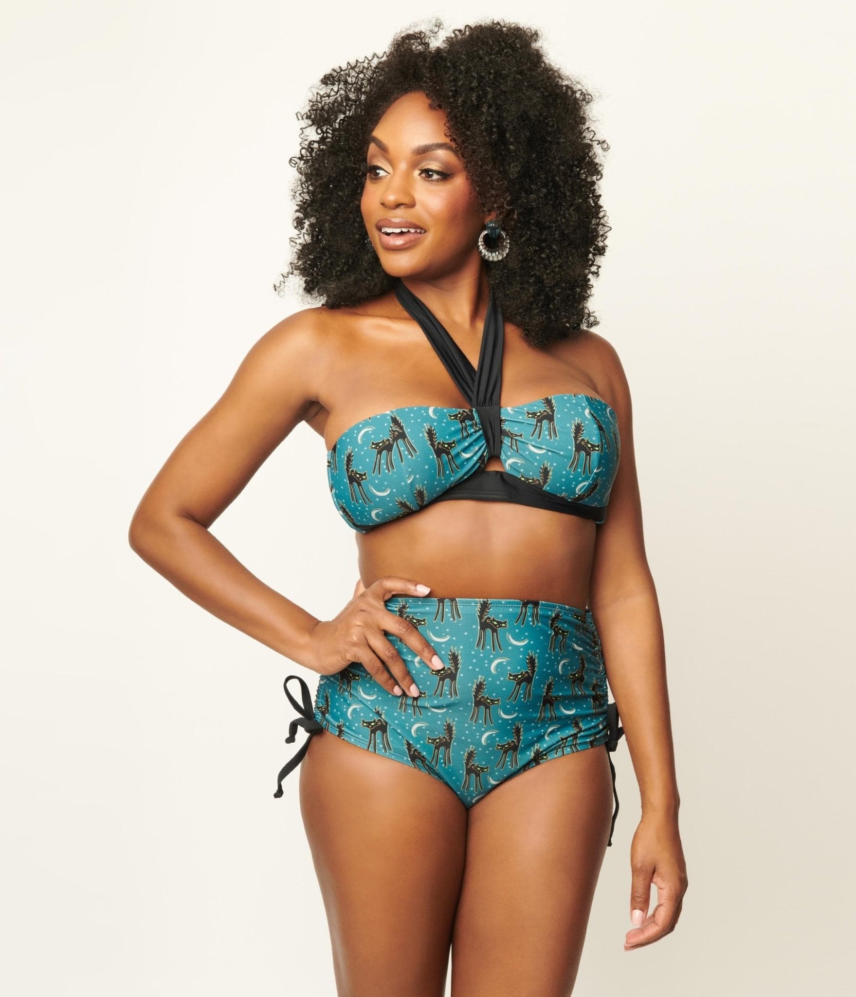 Vintage Blue Spooky Cat Print Swim Top - Retro Glam Swimwear for Women, Halloween Beach Party & Poolside Fashion
