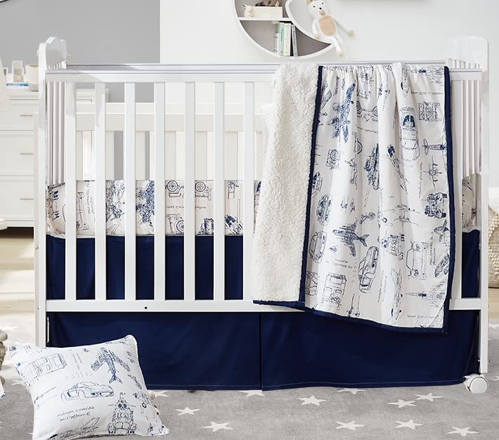 Brandream 100% Cotton Baby Boys Crib Bedding Set - Aircraft, Tank, Helicopter & Race Car Blueprint Design | 3-Piece Nursery Set Includes Crib Sheet, Blanket & Skirt in Navy Blue & White | Perfect for Newborns, Infants & Toddlers' Bedroom Decor