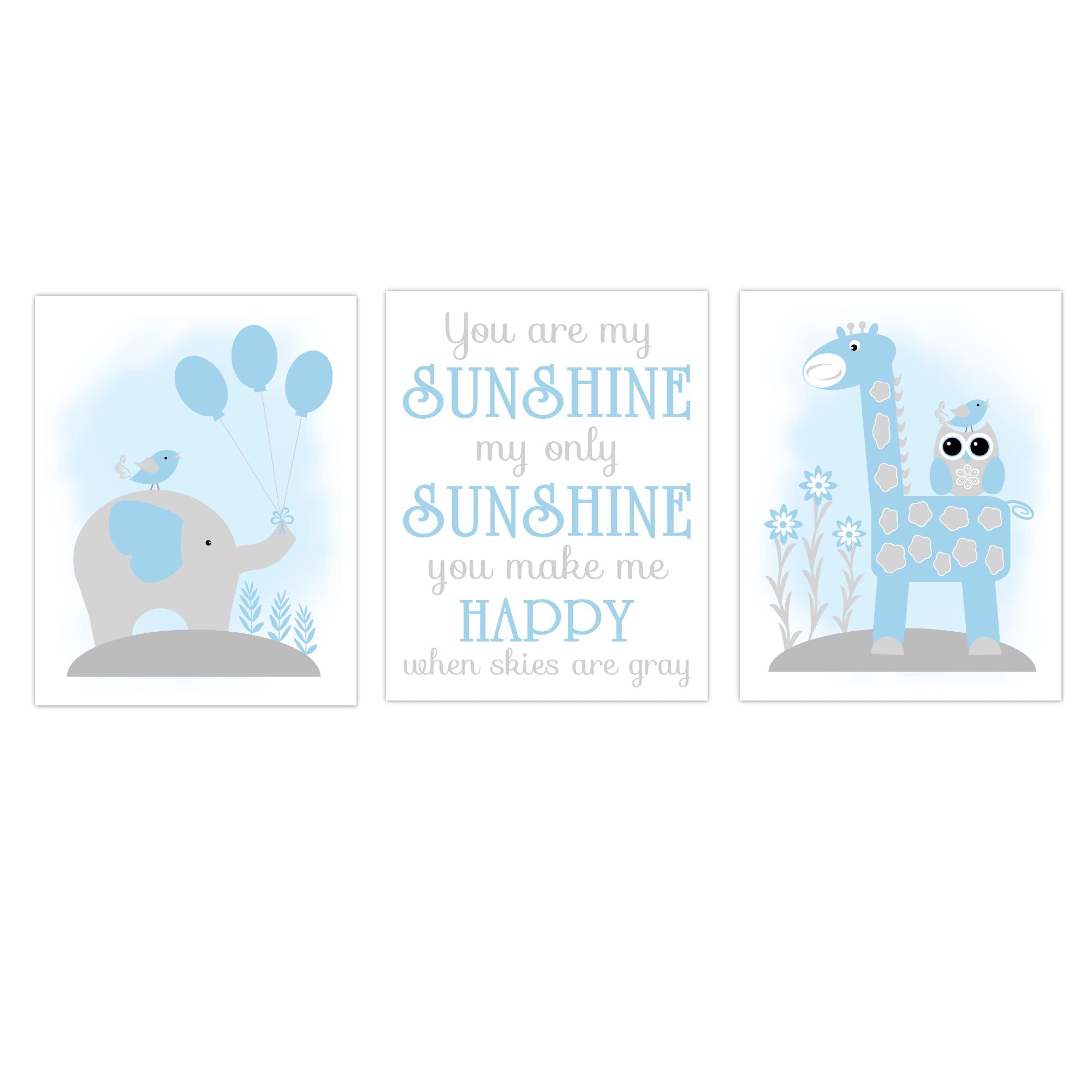 Blue Elephant Giraffe Safari Nursery Wall Art for Baby Boys - Room Decor Prints
