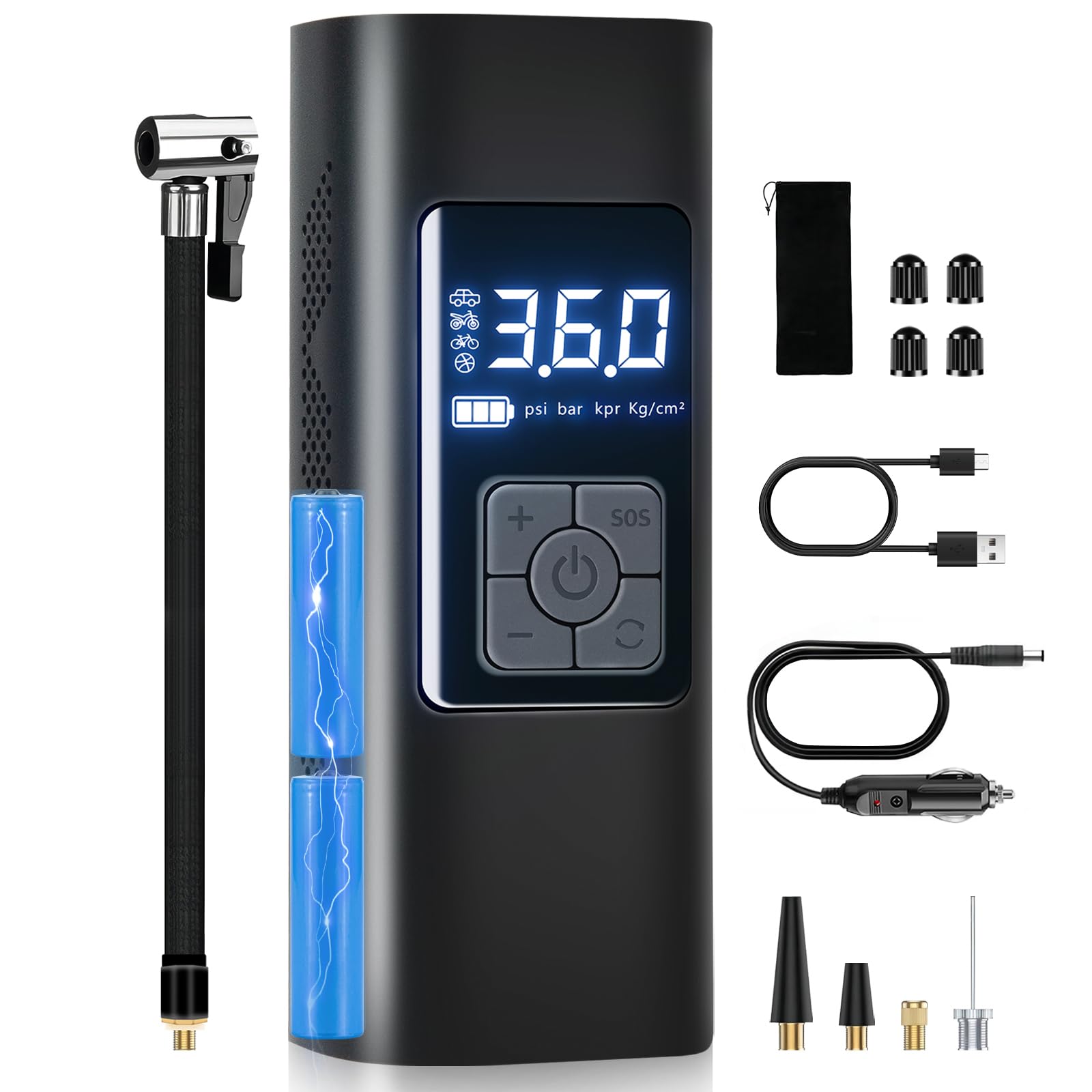 Portable Air Compressor for Car Tires - 6000mAh Battery & 12V DC Power, LCD Digital Pressure Gauge, Fast Inflation Pump for Cars, Motorcycles, Bikes, SUVs - Perfect for Road Trips, Emergency Flat Tire Repair & Garage Use