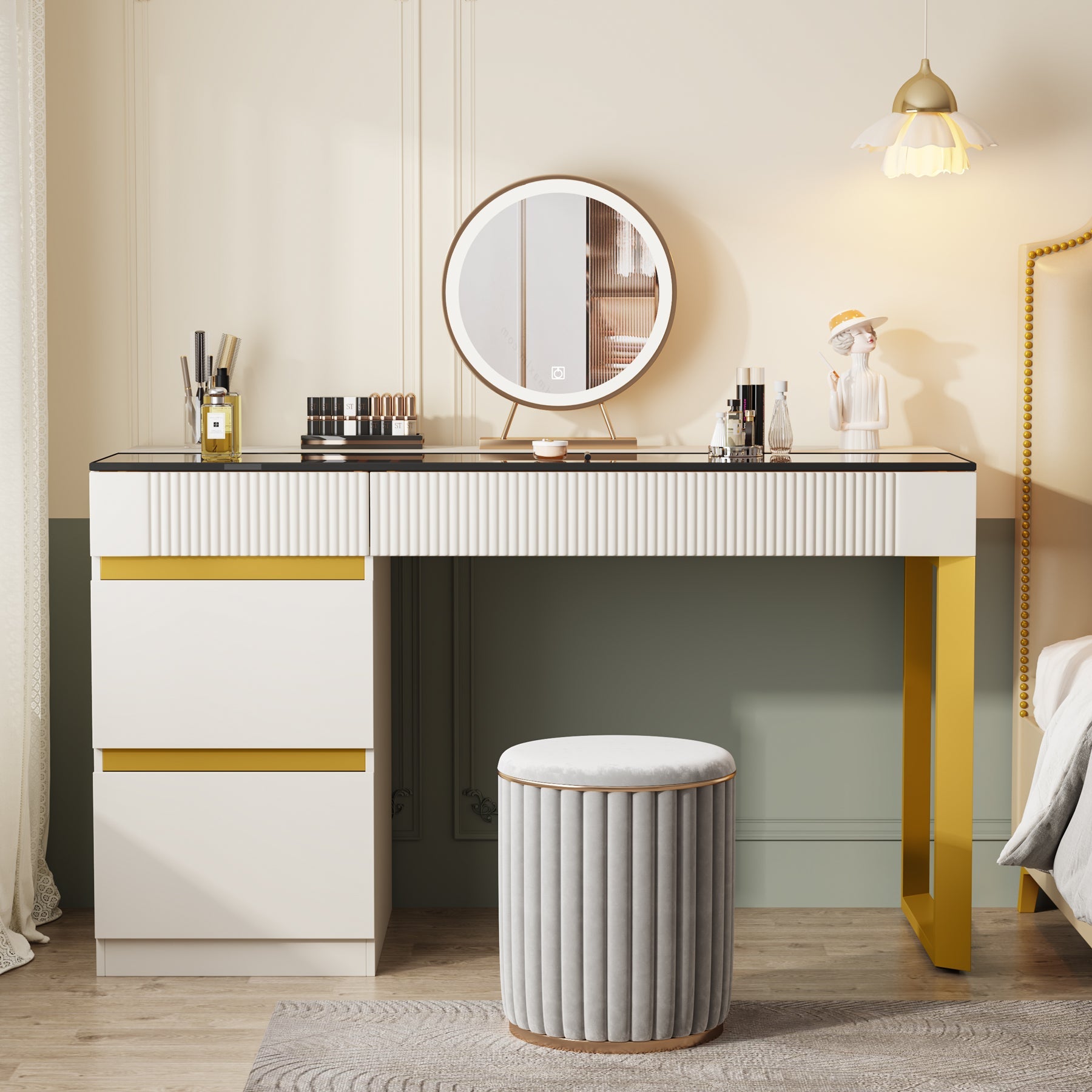 4 Drawer Makeup Vanity with Glass Top - Modern Dressing Table for Bedroom & Bathroom (No Mirror Included) - Perfect for Cosmetics Storage & Beauty Organization