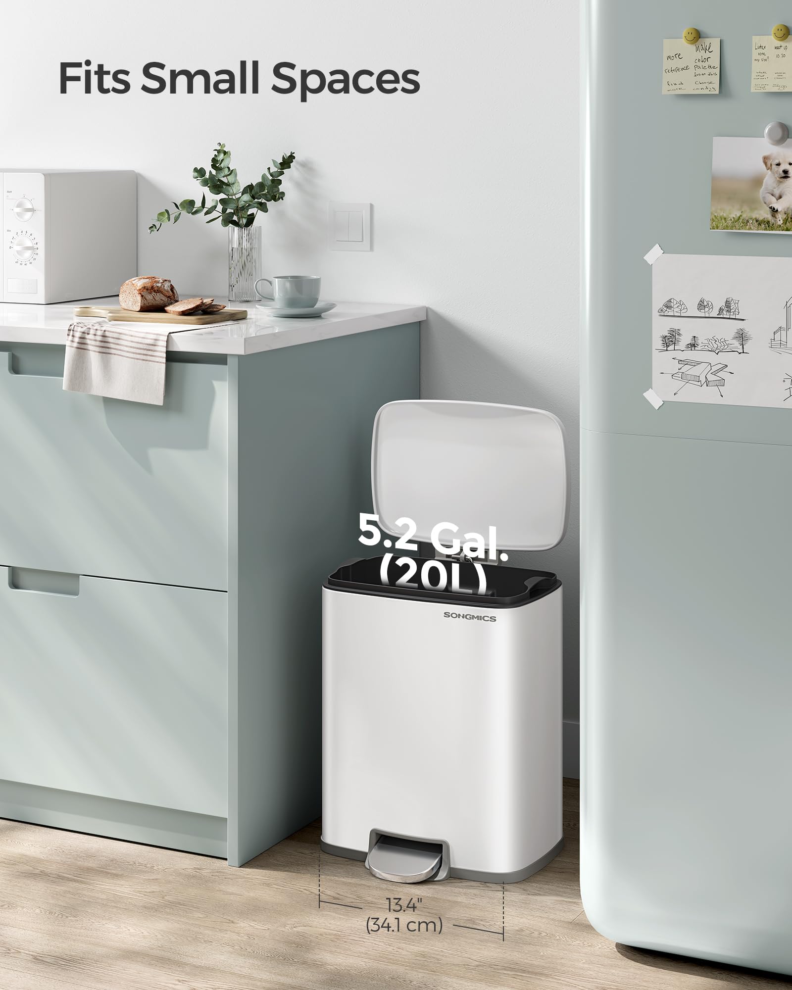 SONGMICS 5.2-Gallon Stainless Steel Step Trash Can with Lid - Soft Close, Stay Open Feature & Inner Bucket - Includes 15 Trash Bags - Perfect for Kitchen, Bathroom, Office or Garage Waste Disposal - White (ULTB543W01)