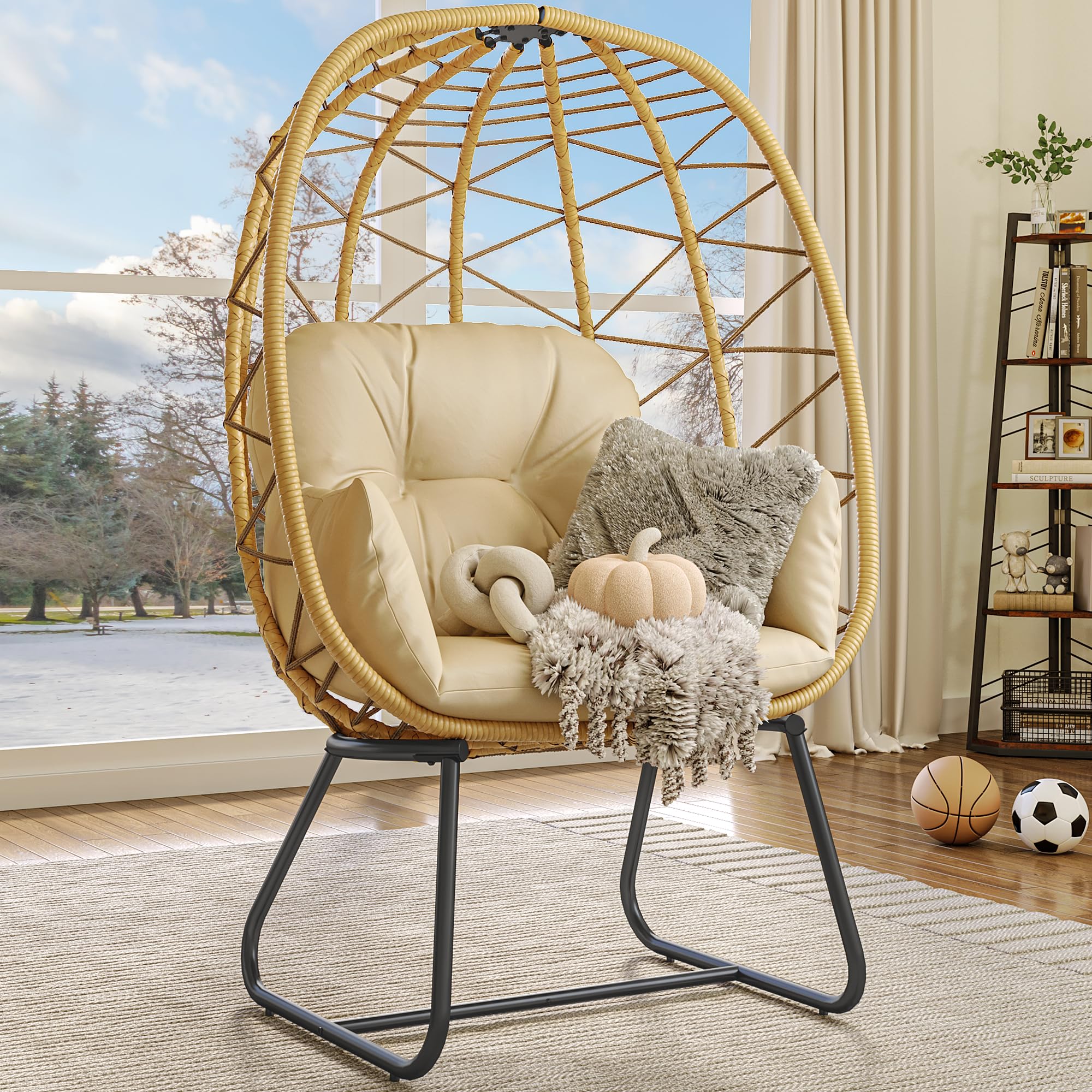 YITAHOME Beige PE Rattan Egg Chair with Stand & Cushion - Indoor/Outdoor Hanging Lounge Chair for Patio, Garden, Backyard, Porch - Perfect for Relaxing, Reading & Sunbathing