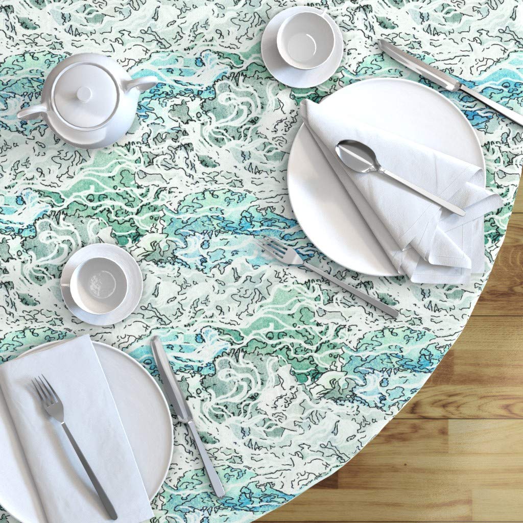 Custom Ocean Waves Watercolor Print Cotton Sateen Tablecloth - 70 Inch Round Beach Seaside Table Linens in Aqua White | Perfect for Dining Room Decor, Coastal Theme Parties & Outdoor Picnics