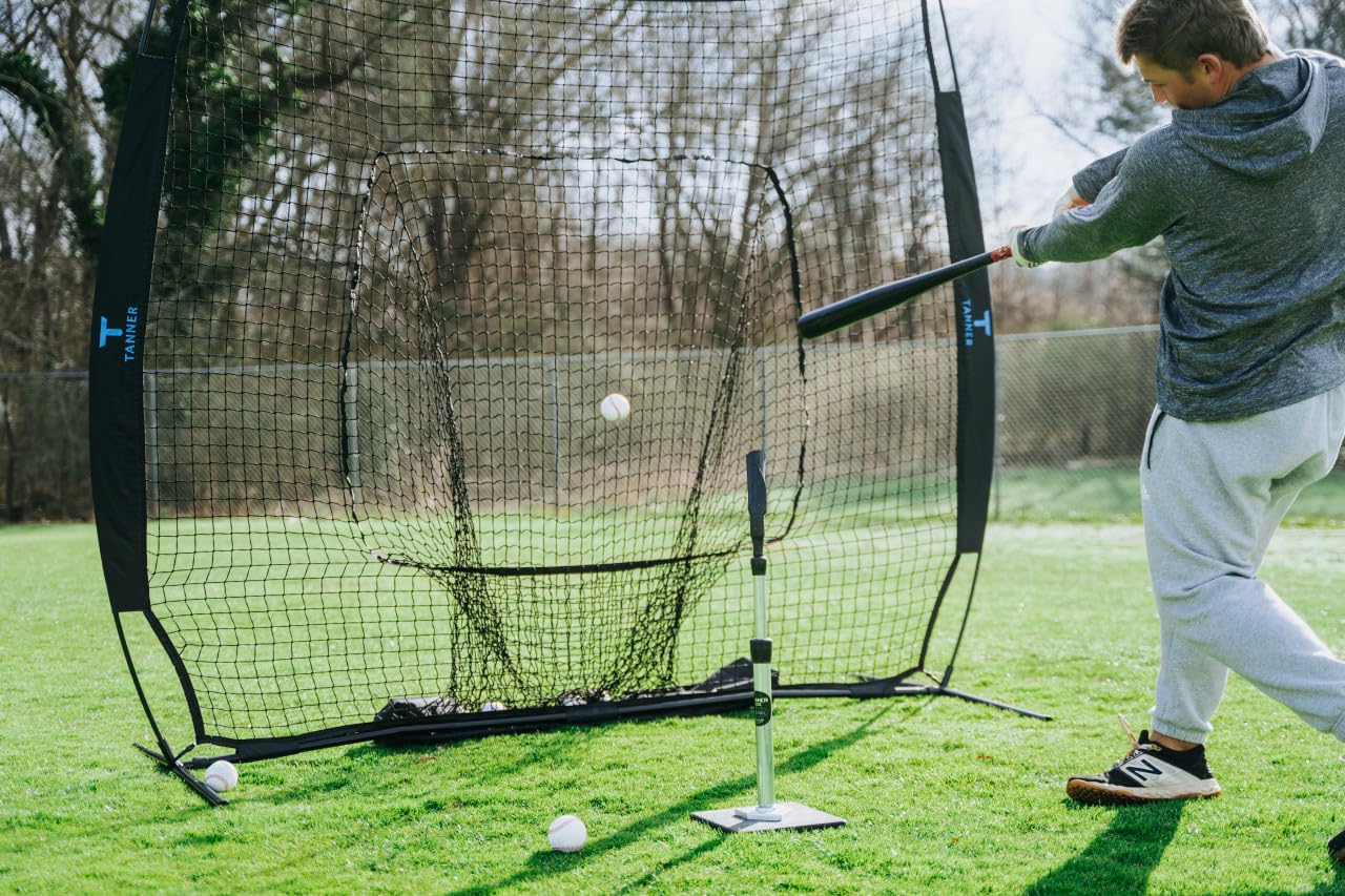 Original Tanner Tee Baseball & Softball Batting Tee with 7' x 7' Portable Practice Net - Perfect for Backyard Training, Hitting Drills & Youth Baseball Practice