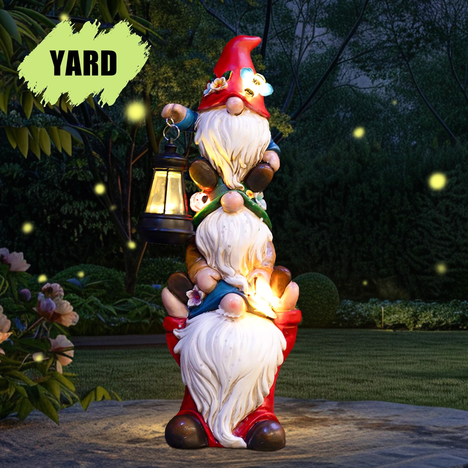 Solar-Powered Large Garden Gnome Statue - Funny Triple Gnome Outdoor Decor for Patio, Lawn, Yard & Balcony - 12 Inch Spring Gnomes Home Gift for Women & Mom - Perfect for Garden Parties & Outdoor Lighting