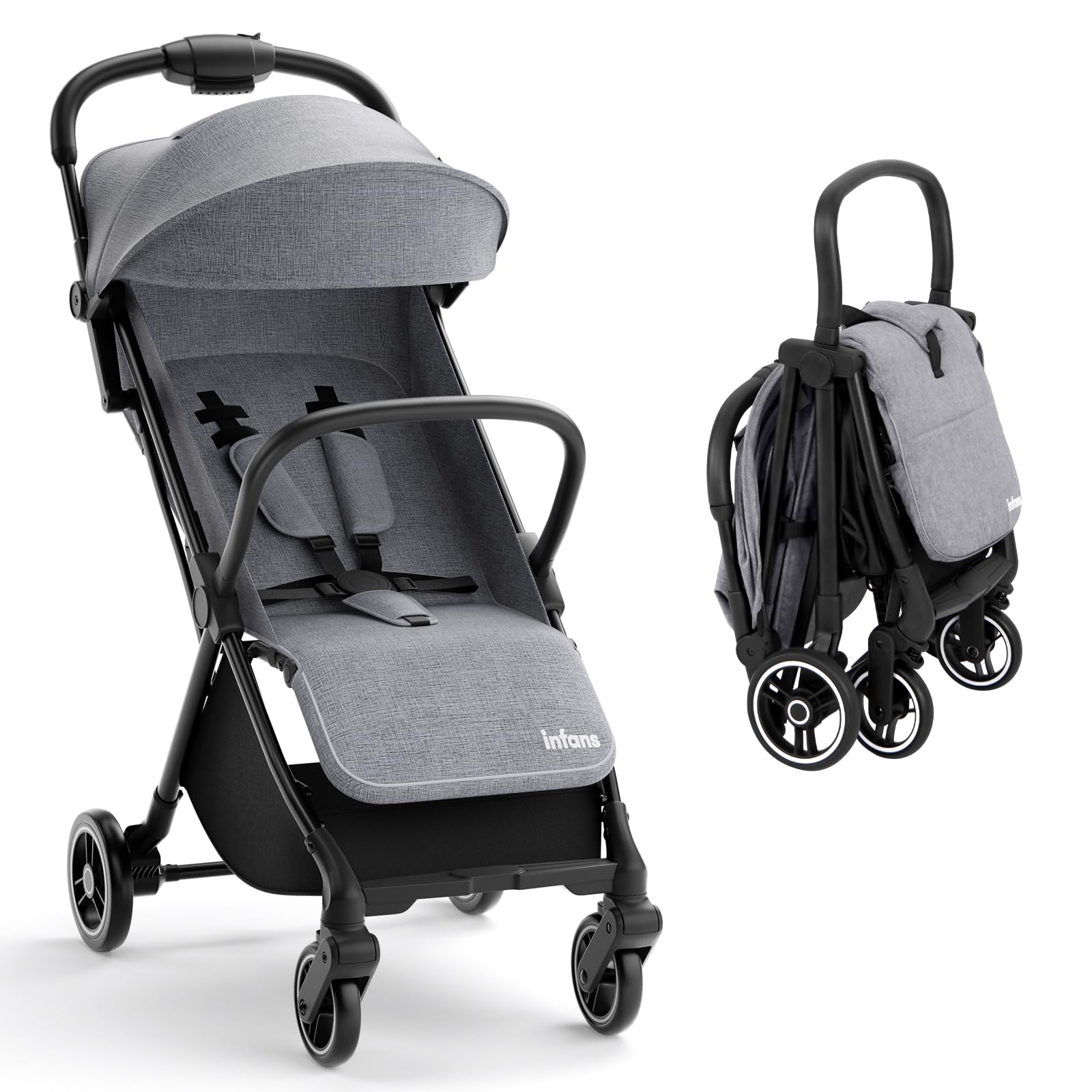 INFANS Lightweight Baby Stroller - Compact Fold Travel Stroller for Airplane, One-Hand Gravity Fold with Near Flat Recline, Foldable Toddler Stroller for Infants 0-36 Months - Perfect for Travel, Shopping & Daily Walks