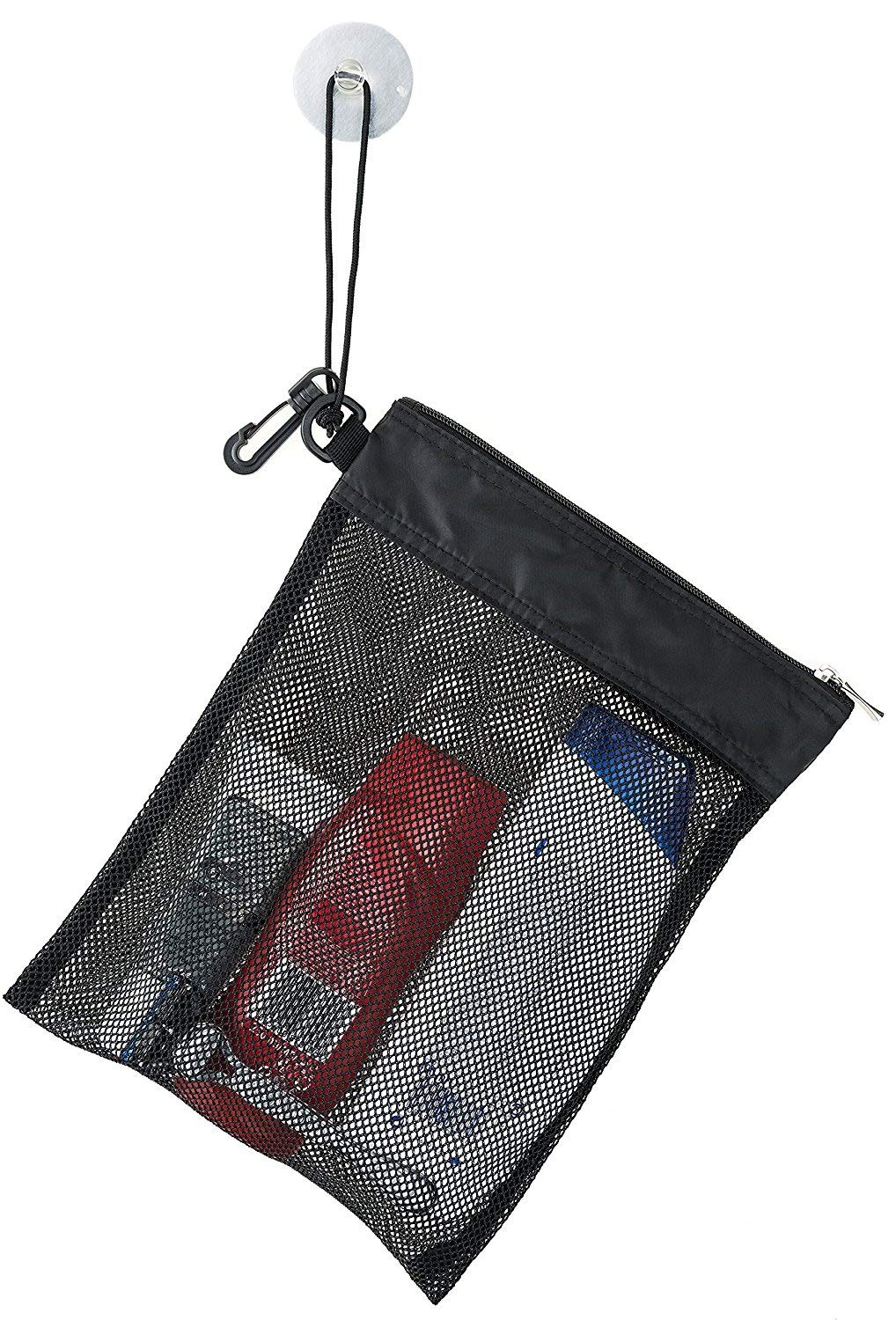 Waterproof Mesh Shower Caddy Organizer - 12”L x 9”W Hanging Toiletry Bag with Suction Cups & Drawstring Pouch (14”L x 10”W) - Compact Travel Shower Tote for Camping, Gym, Dorm & Beach Essentials - Black