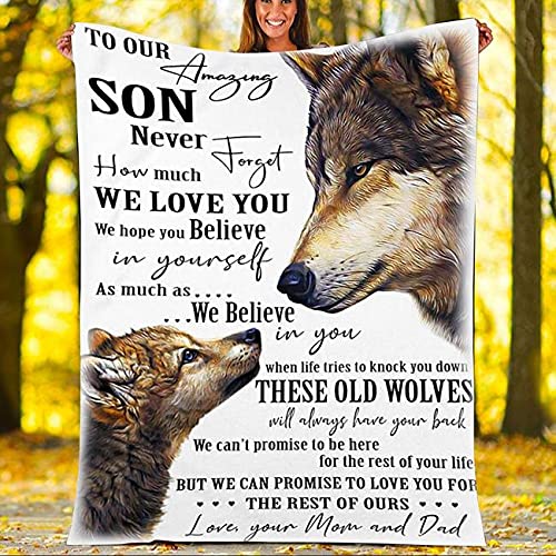 Personalized Wolf Blanket for Son - Custom Fleece Sherpa Blanket Gift from Mom & Dad | 50x60 Inch White Blanket for Birthday, Christmas, Thanksgiving | Cozy Gift for Boys, Teens, Adults - Perfect for Bedroom, Sofa & Outdoor Adventures