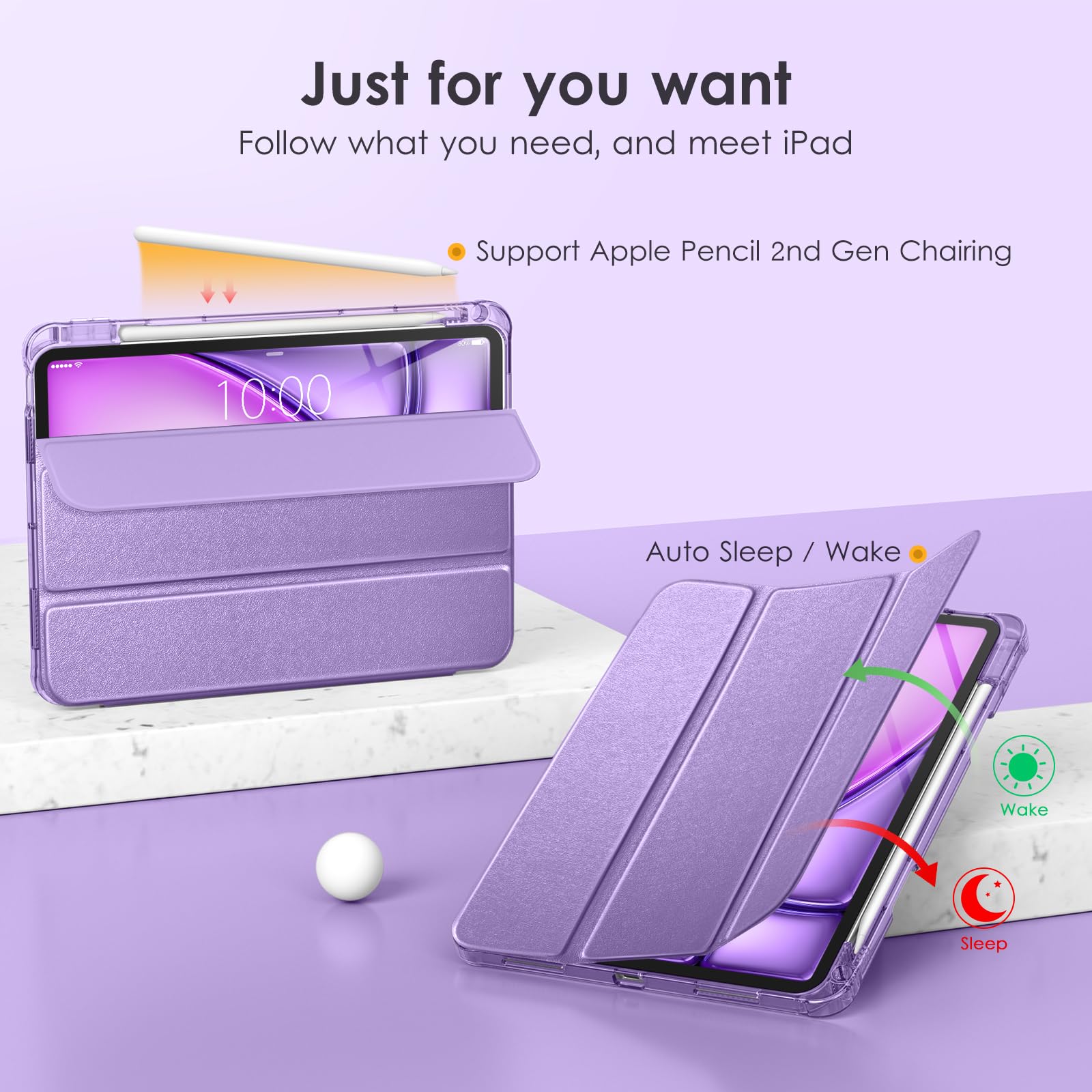 VIKESI iPad Air 11 inch Case (2024/6th/5th/4th Gen) - Slim Matte Hard Back Cover with Soft TPU Frame, Pencil Holder & Auto Sleep/Wake - Star Purple | Perfect for Work, Travel & School Protection
