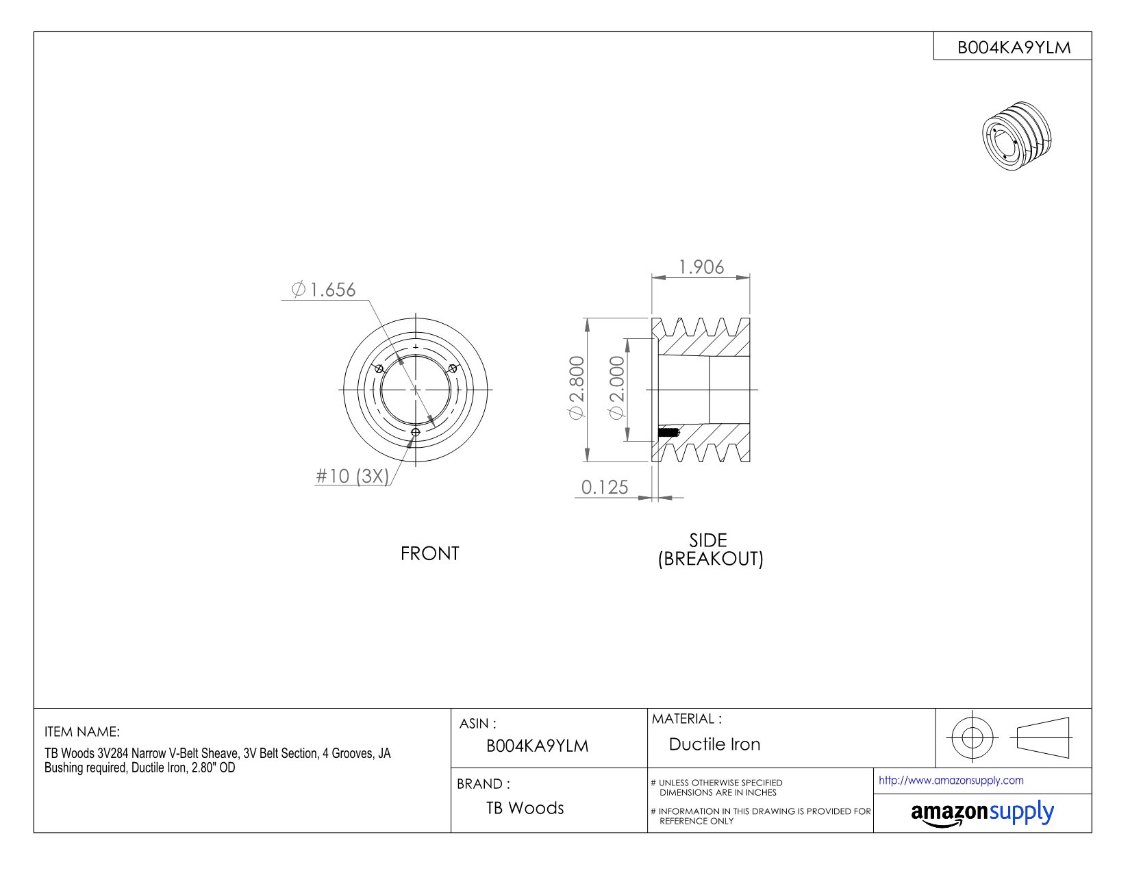 3V1064 Narrow V-Belt Sheave - 3V Belt Section, 4 Grooves, Cast Iron Pulley with 10.60
