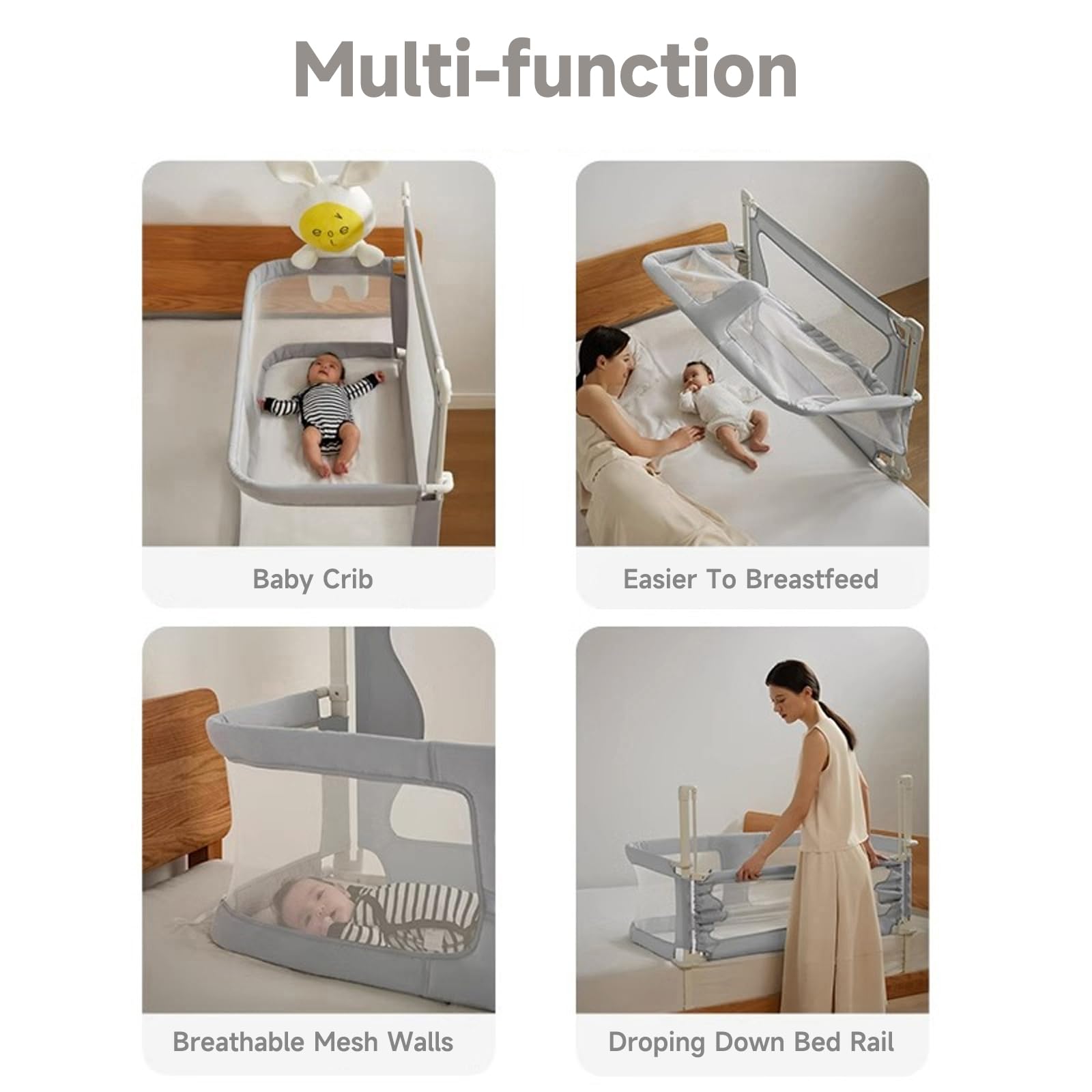 **SISTINE 3-in-1 Baby Co-Sleeper Bedside Crib – Portable Infant Bed Guard for Safe Cosleeping – Gray – Ideal for Newborns, Baby Boys & Girls (Perfect for Nursery, Travel & Bed Sharing)**