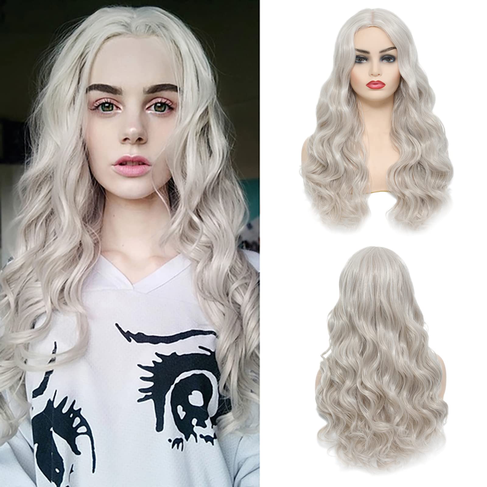 Long Wavy Platinum Blonde Synthetic Wig for Women - Middle Part Costume Wig for Halloween, Cosplay, Parties & Costume Events