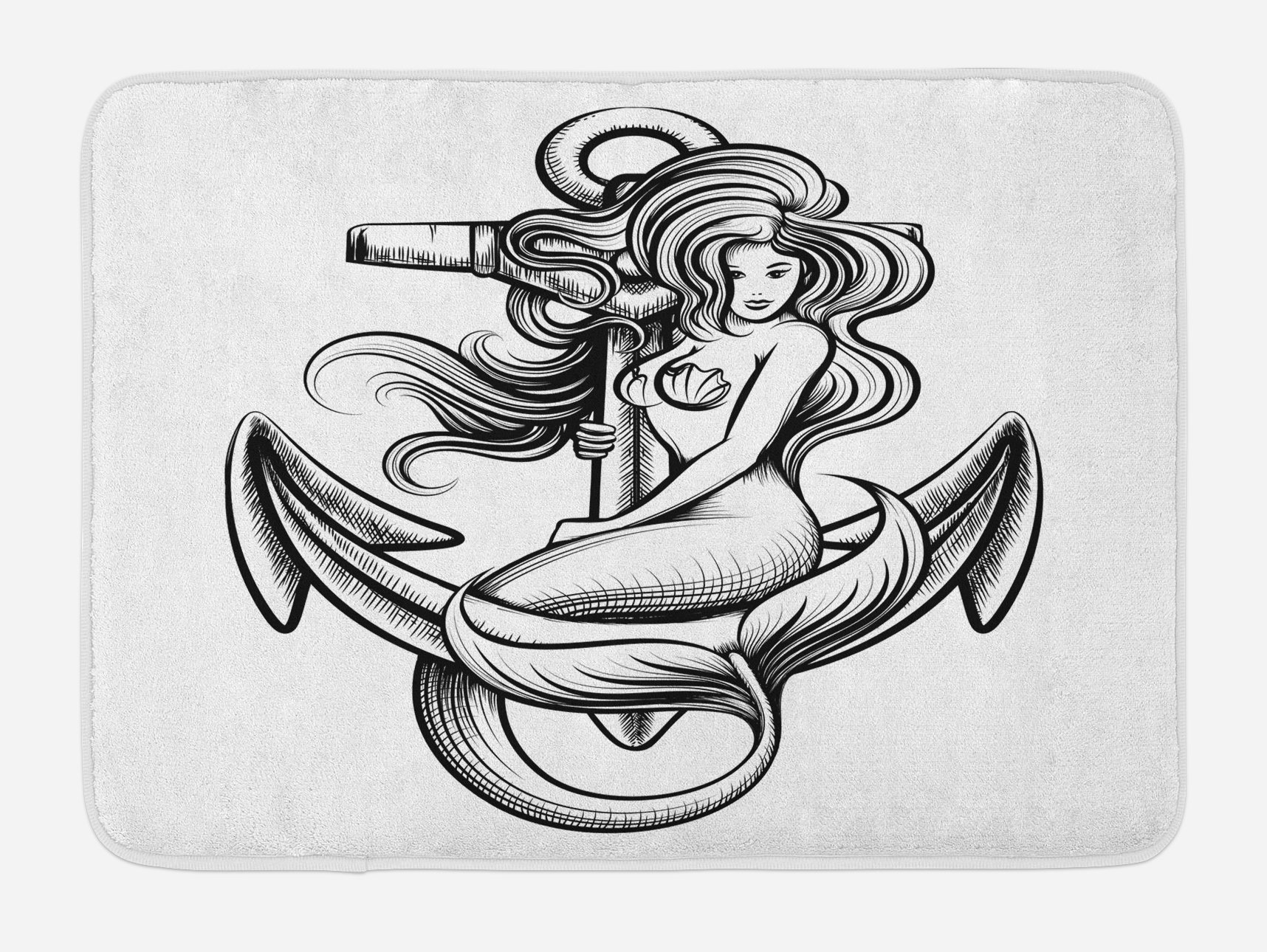 Ambesonne Non-Slip Anchor Bath Mat - Black and White Mermaid Tattoo Design Inspired by Greek Folklore, 30.2