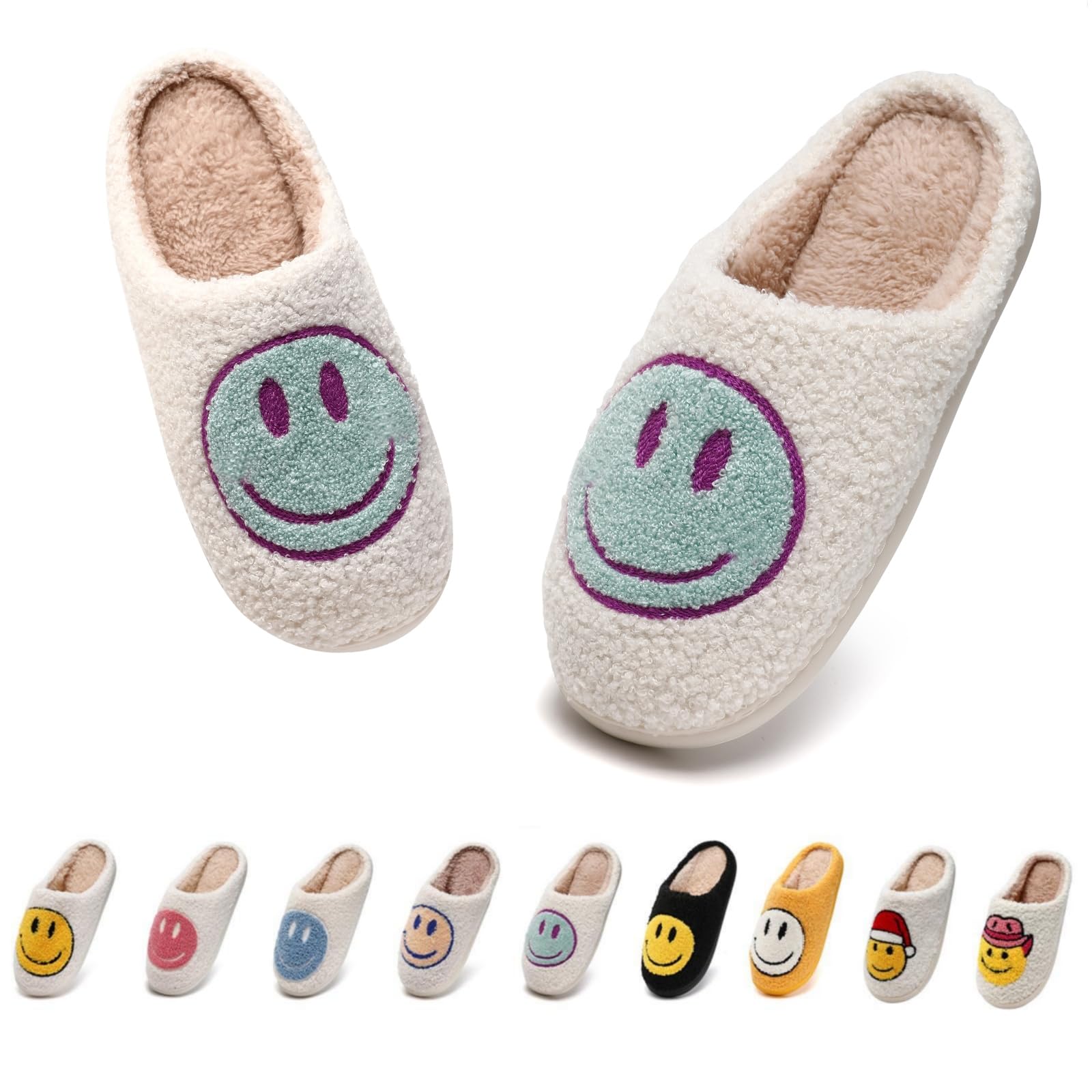 Quish Smile Face Slippers for Women & Men - Fuzzy Memory Foam House Slippers with Faux Fur Lining - Warm Plush Indoor/Outdoor Bedroom Shoes for Comfort - Perfect for Relaxing at Home, Lounging & Winter Wear