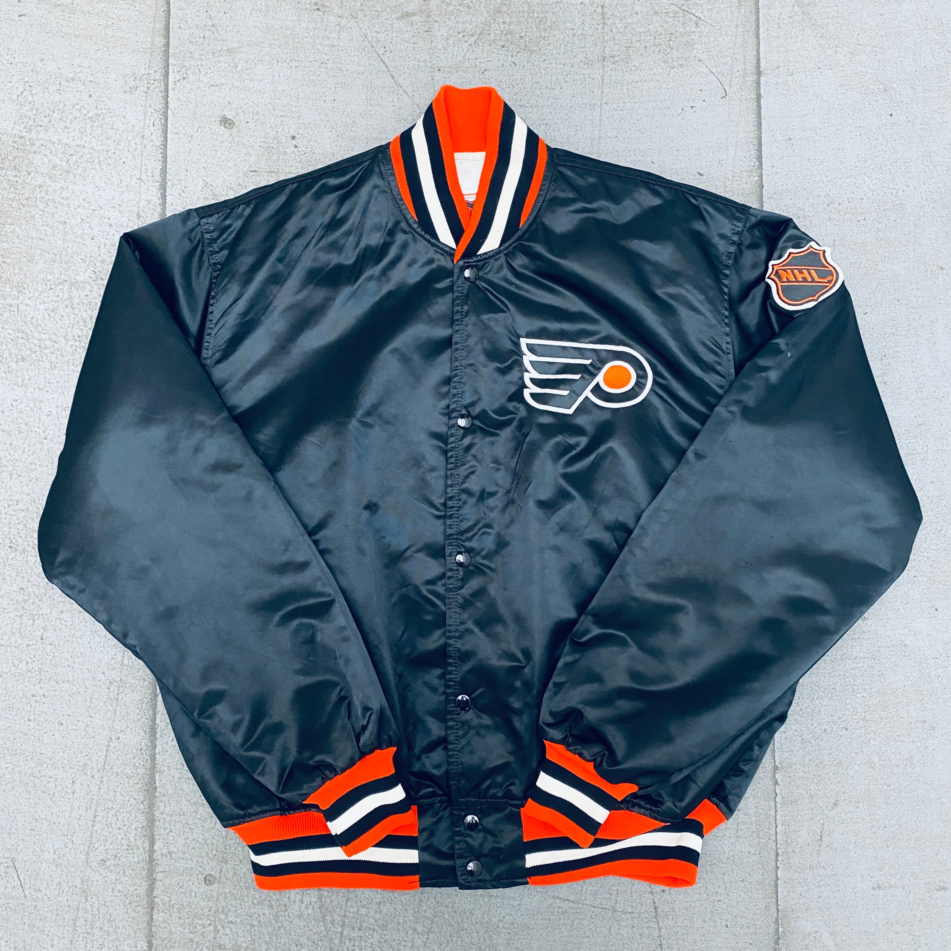 Vintage 1980s Philadelphia Flyers Satin Starter Bomber Jacket - XL Size | Retro NHL Hockey Fan Apparel for Men, Game Day Outfits & Sports Collectibles