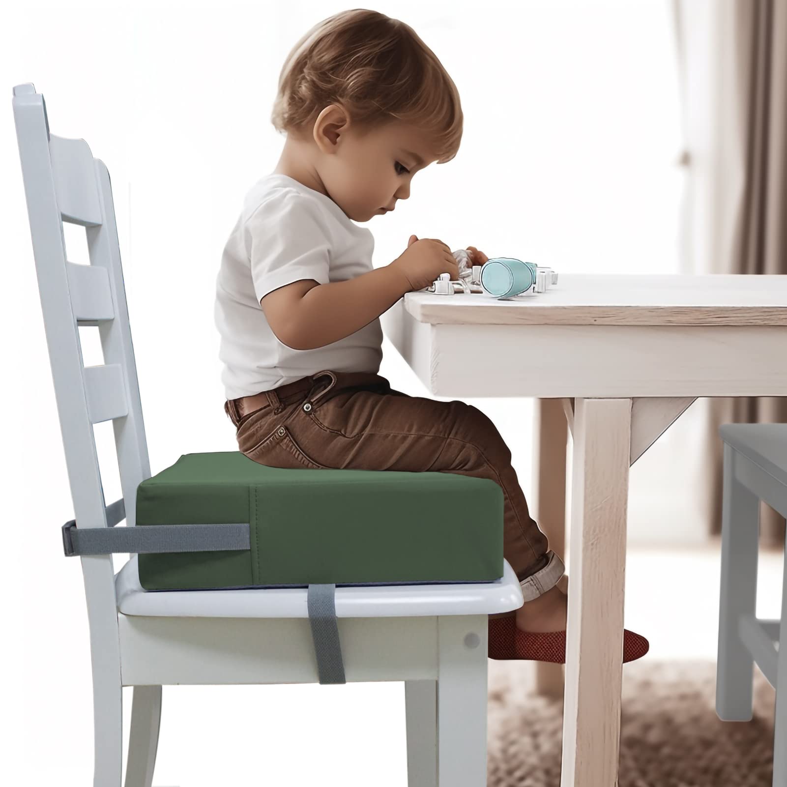 Toddler Booster Seat for Dining Table - 2 Elastic Seat Belts, Soft PU Leather, Waterproof & Wrinkle-Resistant - Detachable Non-Slip Base - Green - Perfect for Home, Restaurant & Travel Use