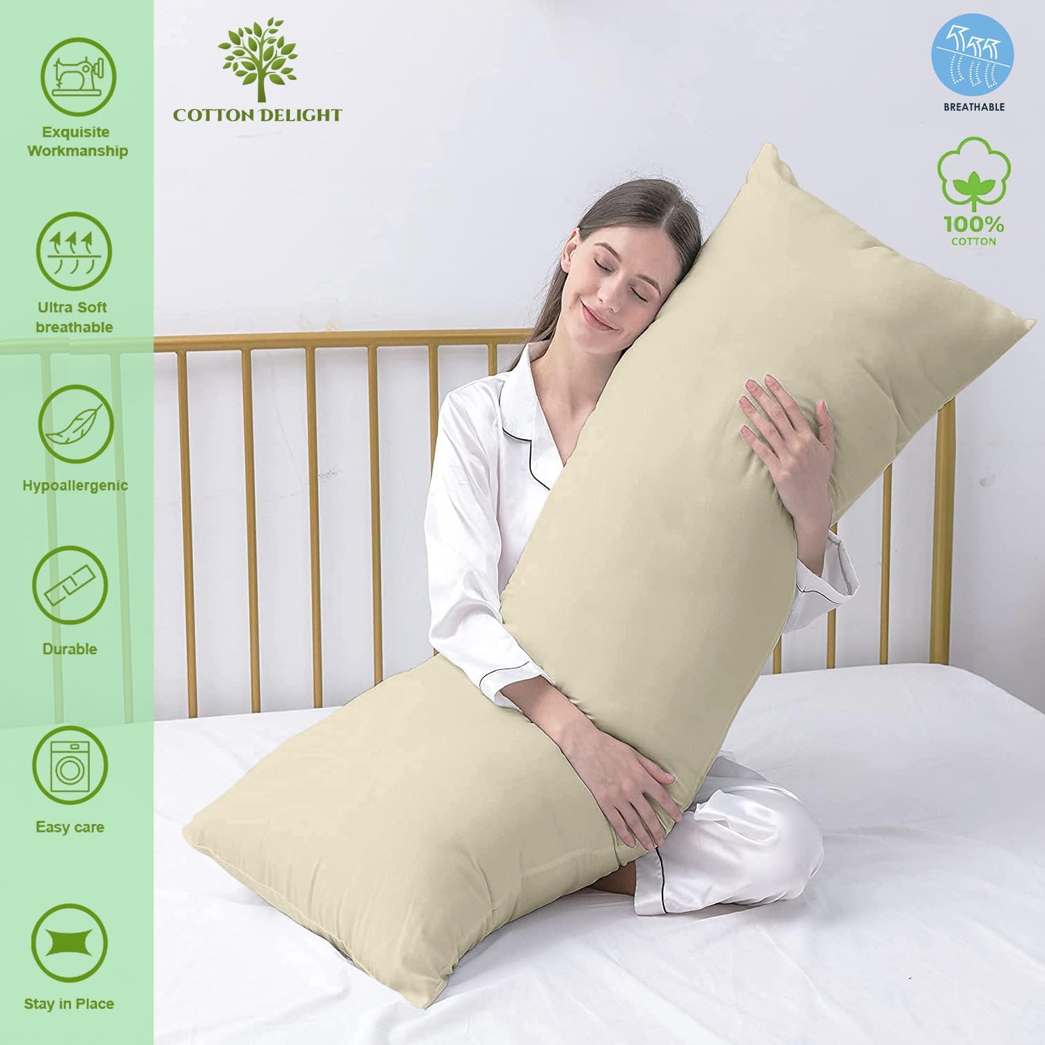 Premium 100% Natural Cotton Body Pillow Cover 20x60 Inches - Soft 600 Thread Count with Zipper Closure, Ivory - Ideal for Pregnancy, Nursing, Back Support & Home Decor