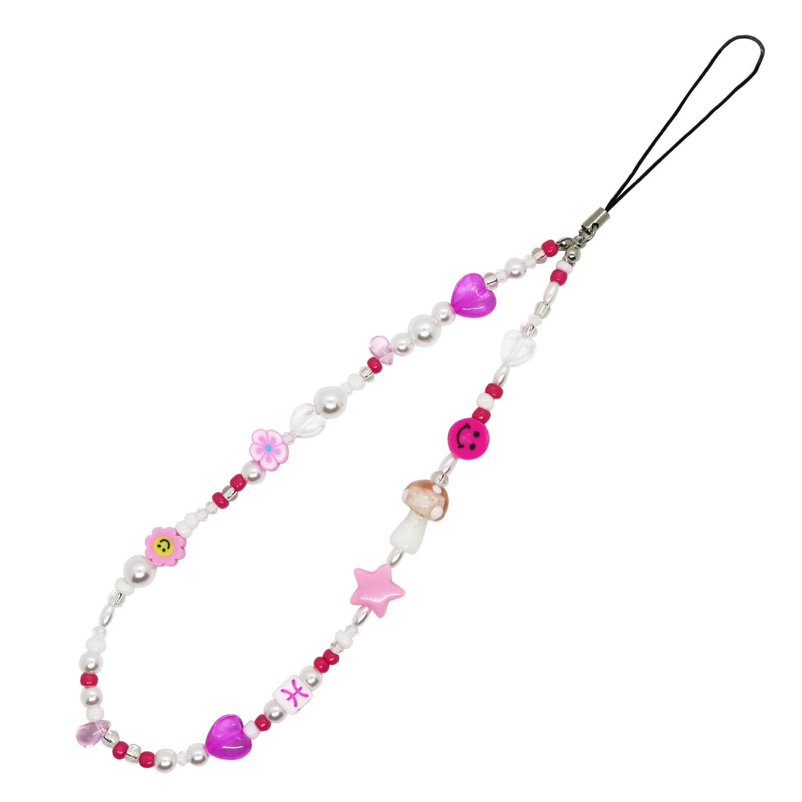 Beaded Phone Charm & Lanyard Wrist Strap - Polymer Clay Smiley Face Beads Bracelet Keychain Jewelry Accessory for Cell Phones | Perfect for Teens, Girls Gift, Party Favors & Everyday Use
