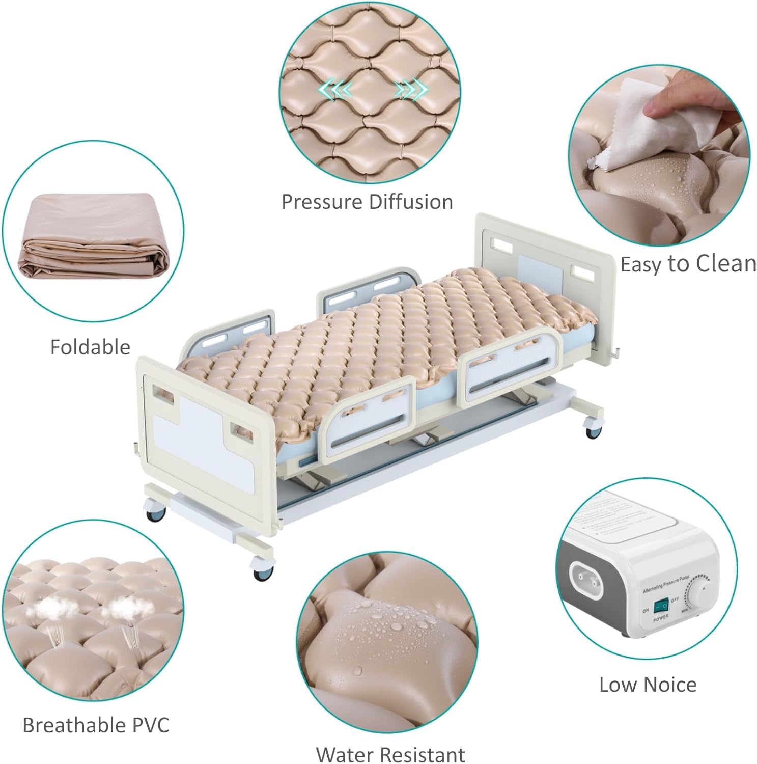 Alternating Air Pressure Mattress for Hospital Beds - Anti Decubitus & Home Care Air Mattress with Pump (Cream) - Ideal for Pressure Ulcer Prevention & Patient Comfort