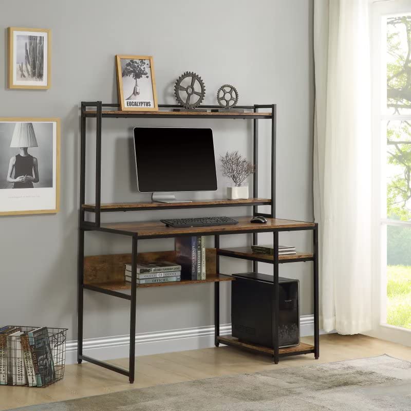 47 Inch Home Office Computer Desk with 2-Tier Bookshelf & Storage Shelf - Removable Monitor Riser, Easy Assembly Workstation for Small Spaces | Study, Gaming & Remote Work Setup