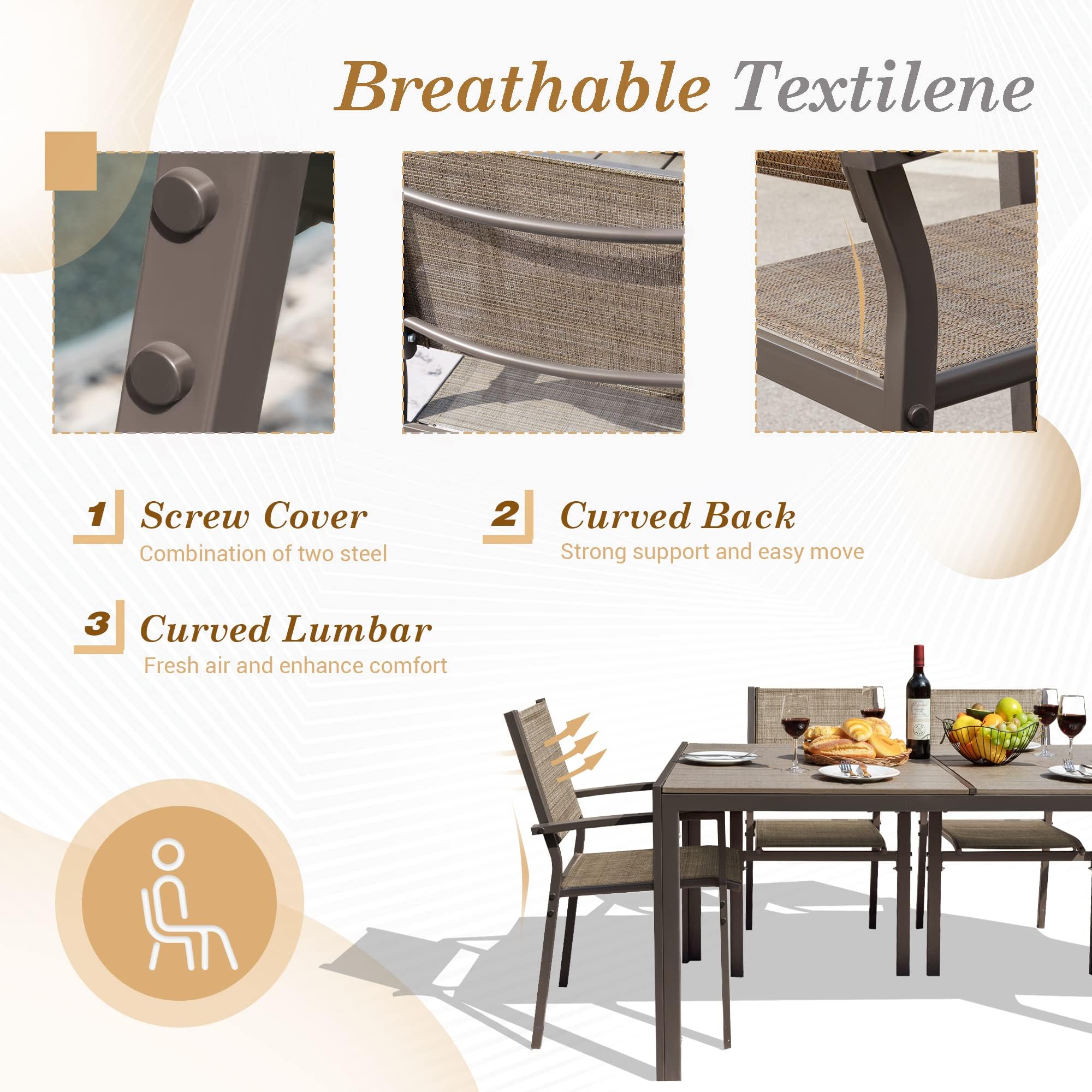 **Flamaker 7-Piece Patio Dining Set - Outdoor Metal Frame Furniture with 6 Textilene Chairs & Rectangular Table - Perfect for Backyard, Lawn, Garden, and Poolside Gatherings (Brown)**
