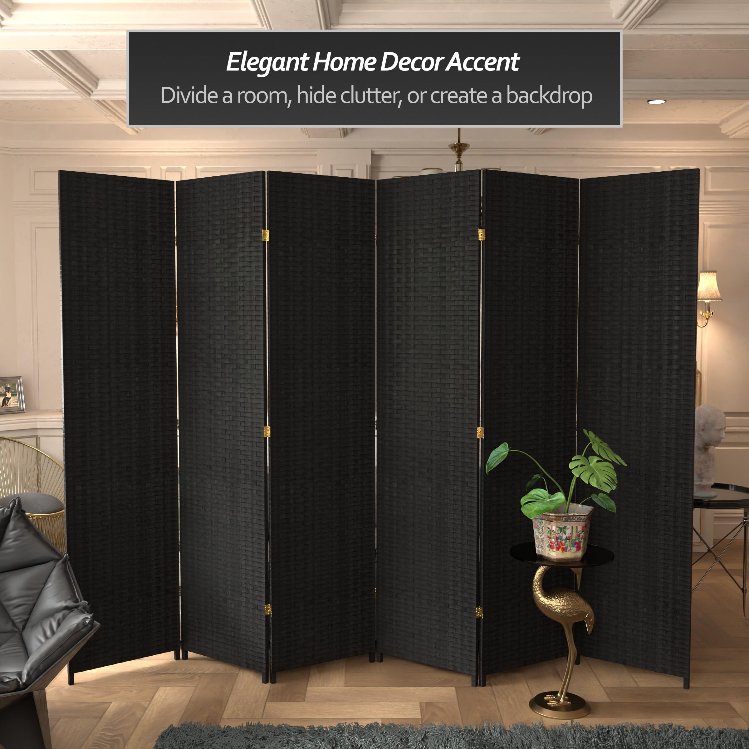 7 ft. Tall Red Lantern Woven Fiber Black 6-Panel Room Divider - Perfect for Home Decor, Office Partition & Asian-Themed Events