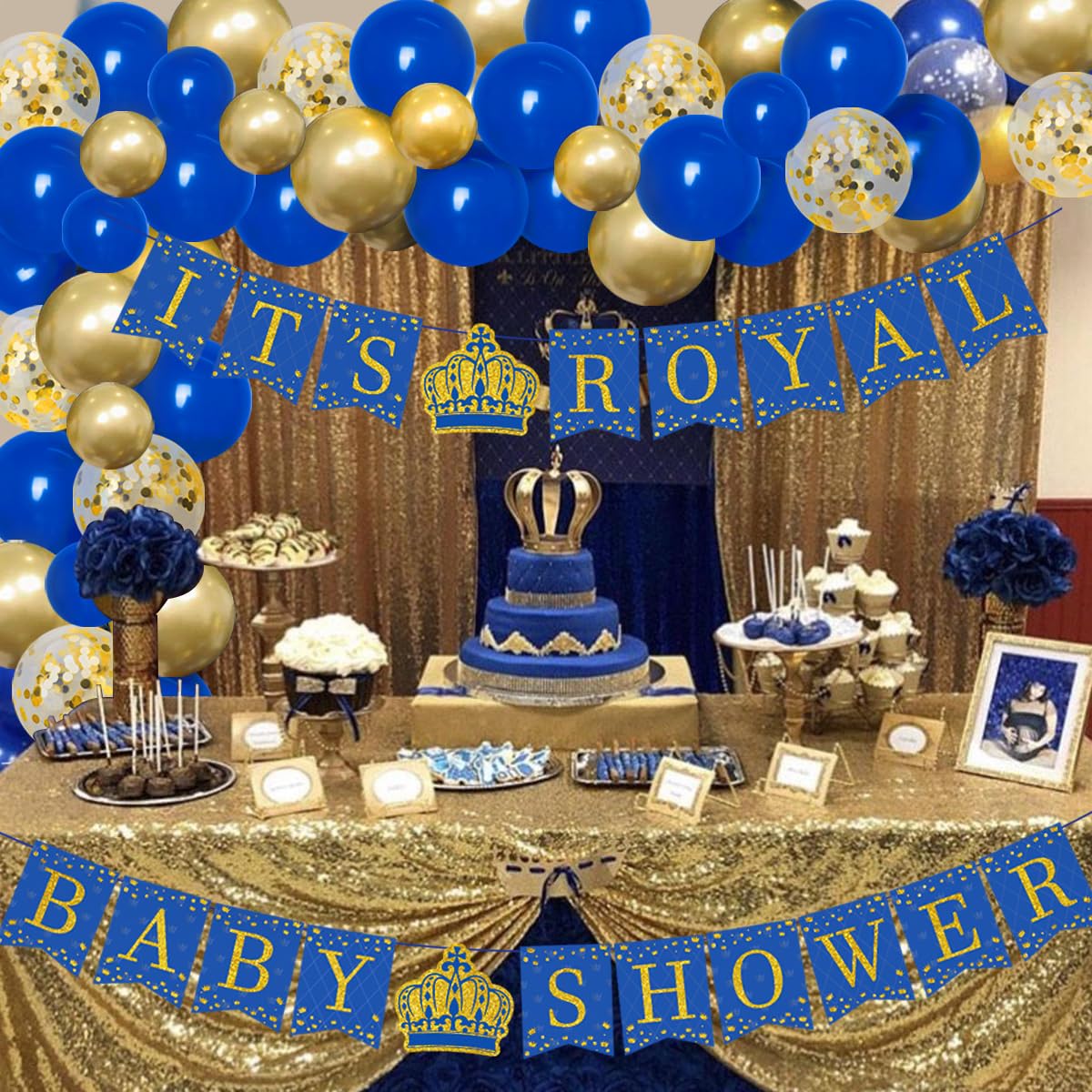 Royal Prince Baby Shower Decorations Kit - Blue & Gold Balloon Garland Arch, Crown Banner, Foil Balloons for Boys & Girls - Perfect for Little Prince Baby Showers, 1st Birthday Parties & Royal Themed Celebrations