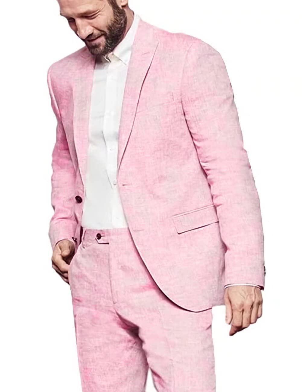 Wangyue Men's 2-Piece Summer Casual Linen Suit - Beige Slim Fit Wedding Tuxedo & Pants Set for Groomsmen, Prom, and Formal Events | Breathable Lightweight Blazer for Outdoor Weddings & Summer Parties