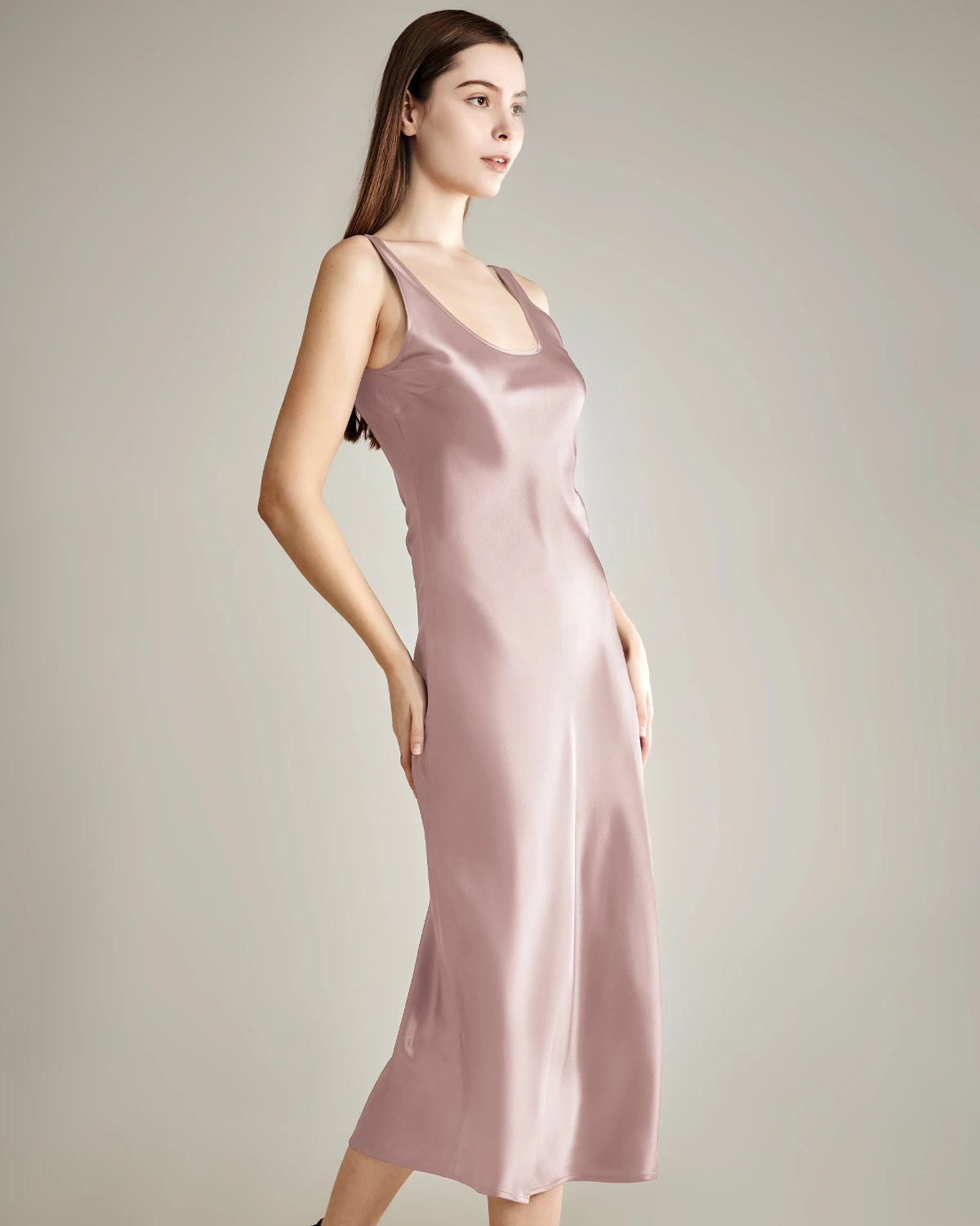 Elegant Scoop Neck Midi Silk Slip Dress for Women - Comfortable & Luxurious Nightwear, Loungewear & Evening Wear