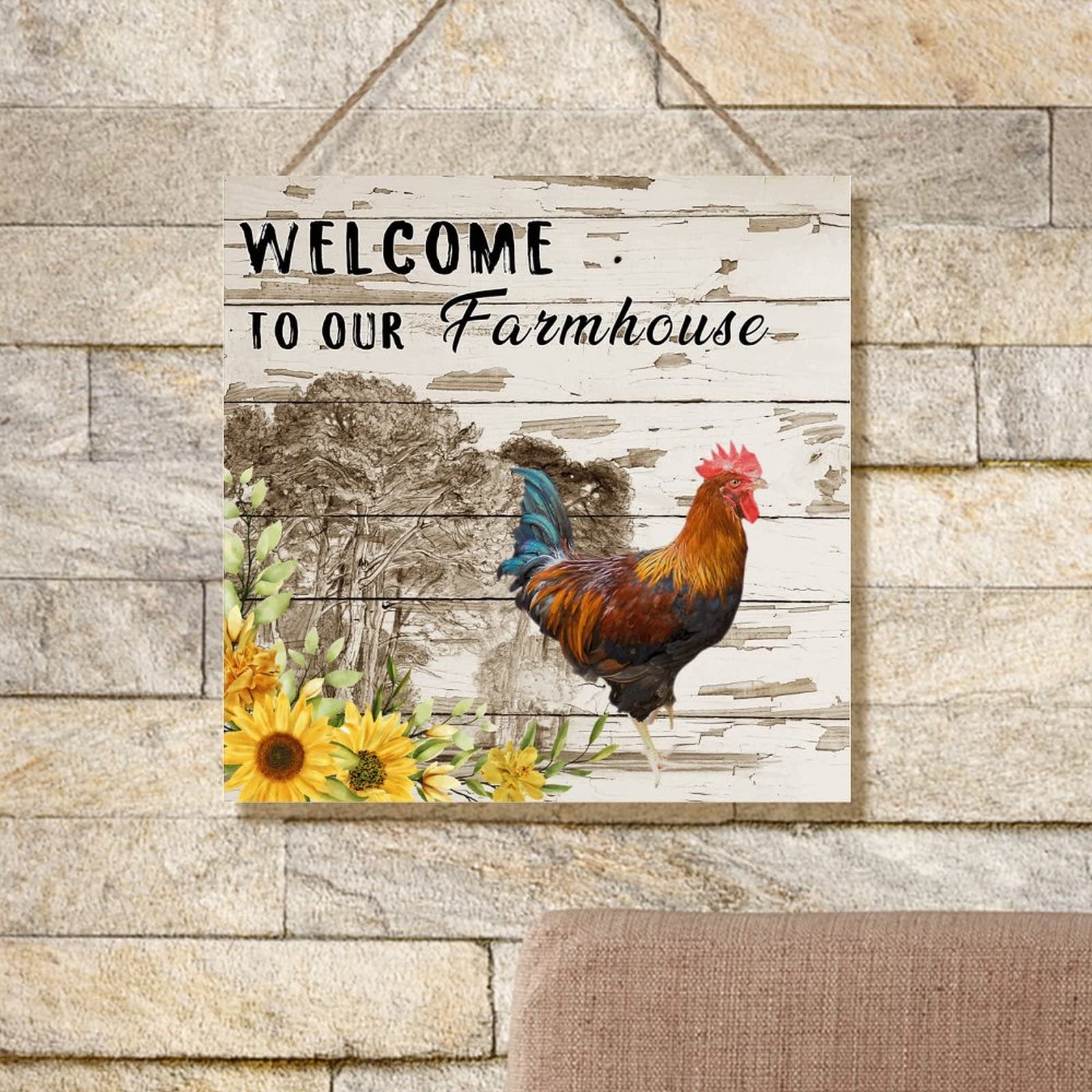 Distressed Wooden Farm Animal Sign - Welcome to Our Farmhouse Wall Decor, Chicken Coop & Rooster Plaque - 12x12 Inch Rustic Home Decor for Living Room, Housewarming & Farmer Birthday Gift - Perfect for Country Style Homes, Farmhouse Kitchens & Cozy Porches
