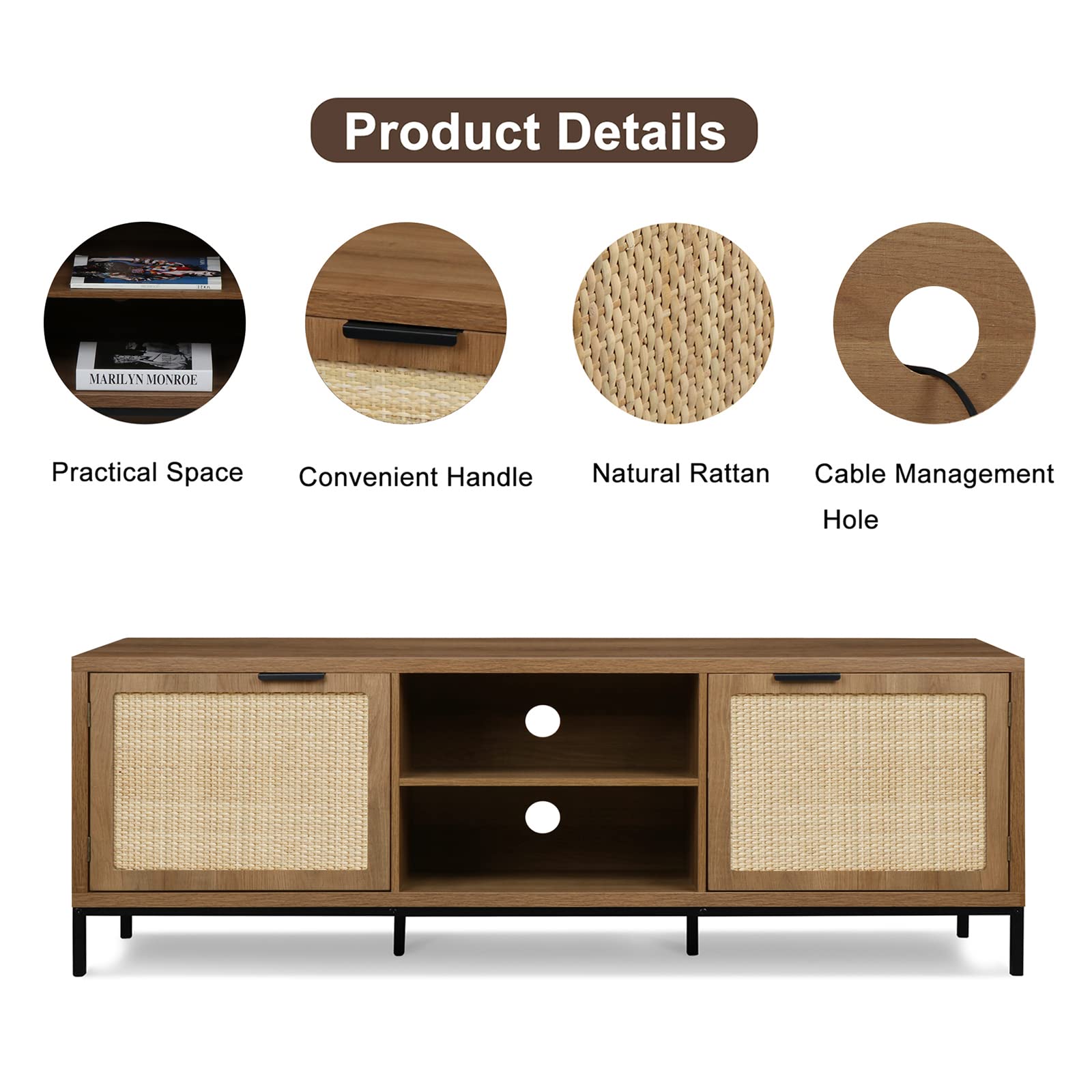 Anmytek Farmhouse Rattan TV Stand for 65 Inch TV - Rustic TV Console Table with 2 Rattan Doors - Modern Entertainment Center for Living Room & Bedroom - Perfect for Farmhouse Decor & Cozy Home Theater Setup (H0033)