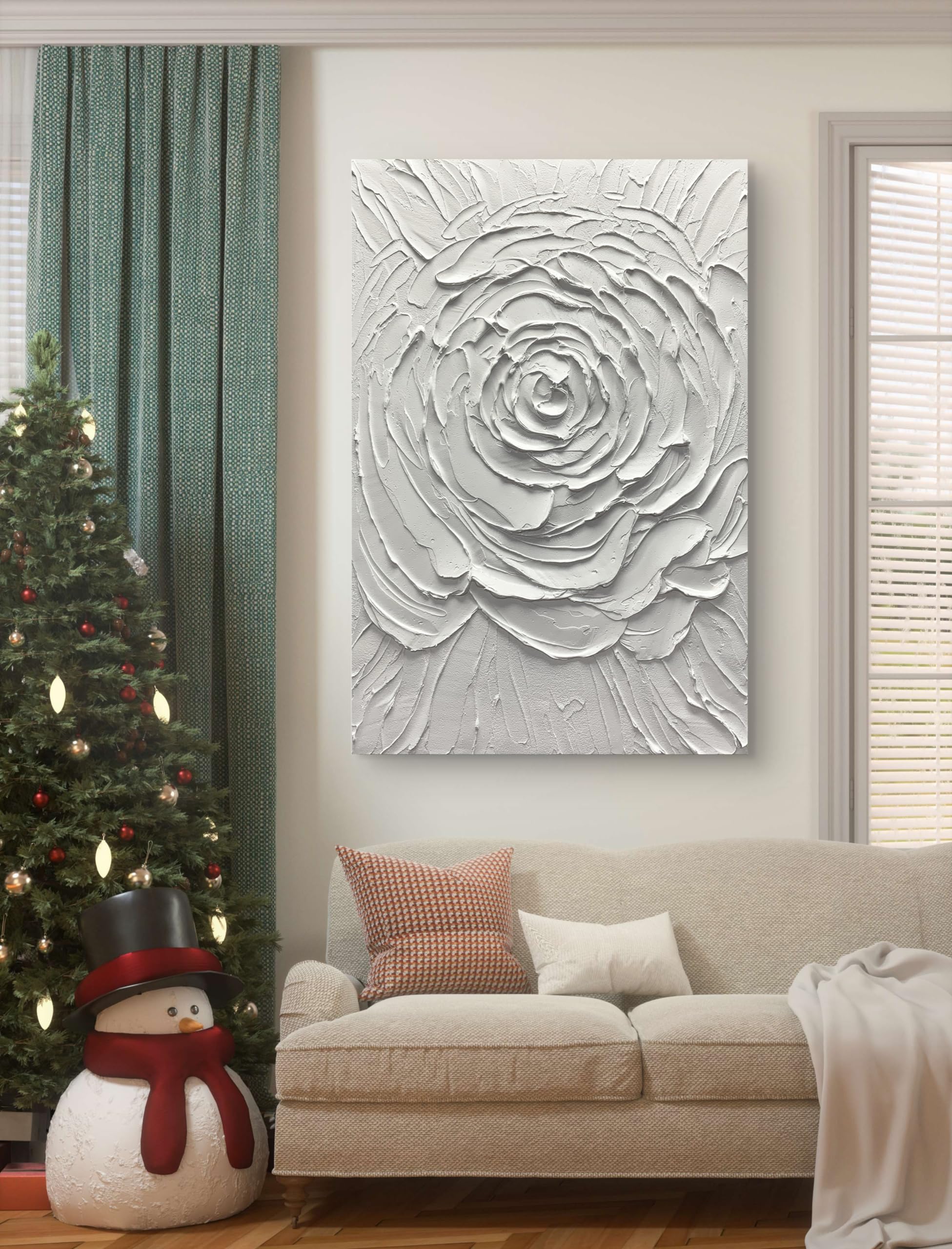Yika Art Hand Painted Abstract Oil Painting on Canvas - Modern Thick Texture Wall Art Decor with White Flowers (30x45 inches) for Living Room, Bedroom & Office Decor