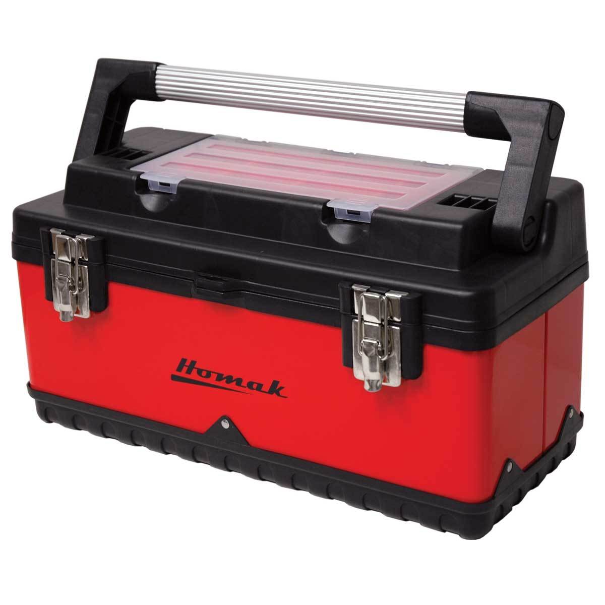 Homak 19-Inch Red Metal & Black Plastic Tool Box with Aluminum Handle - Durable Portable Tool Storage for Home, Garage & Job Site