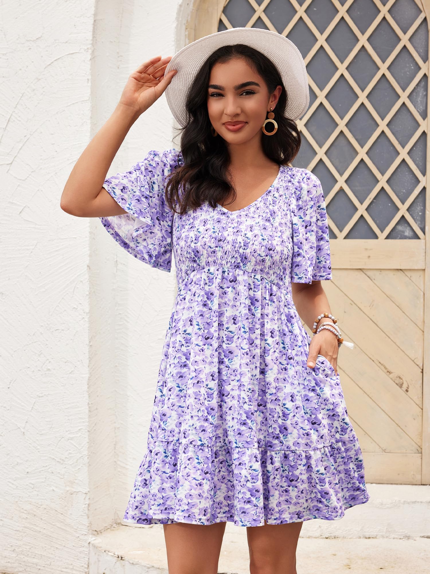 Women's Floral Smocked V-Neck Flutter Sleeve Sundress with Pockets - Casual Spring Summer Dress 2025 - Perfect for Beach Vacations, Brunch Dates & Outdoor Parties