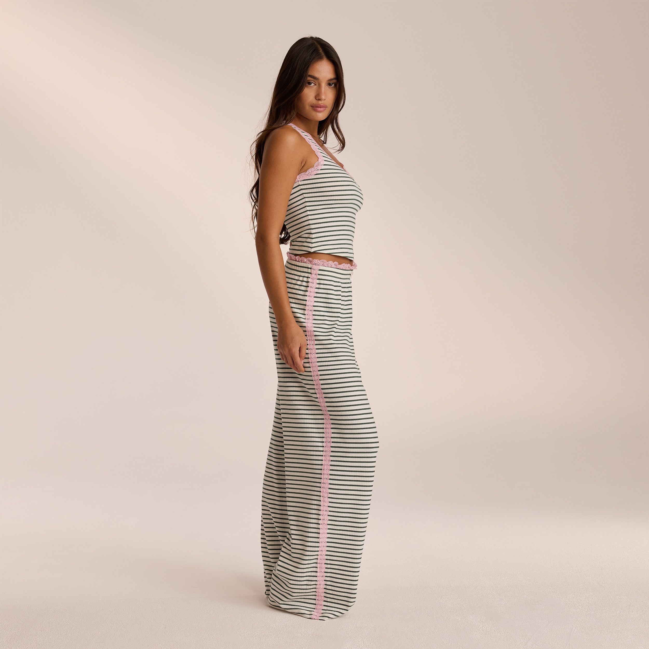 Green Stripe Lace Pajama Bottoms for Women - Soft & Comfortable Sleepwear for Nightwear, Lounge & Relaxation