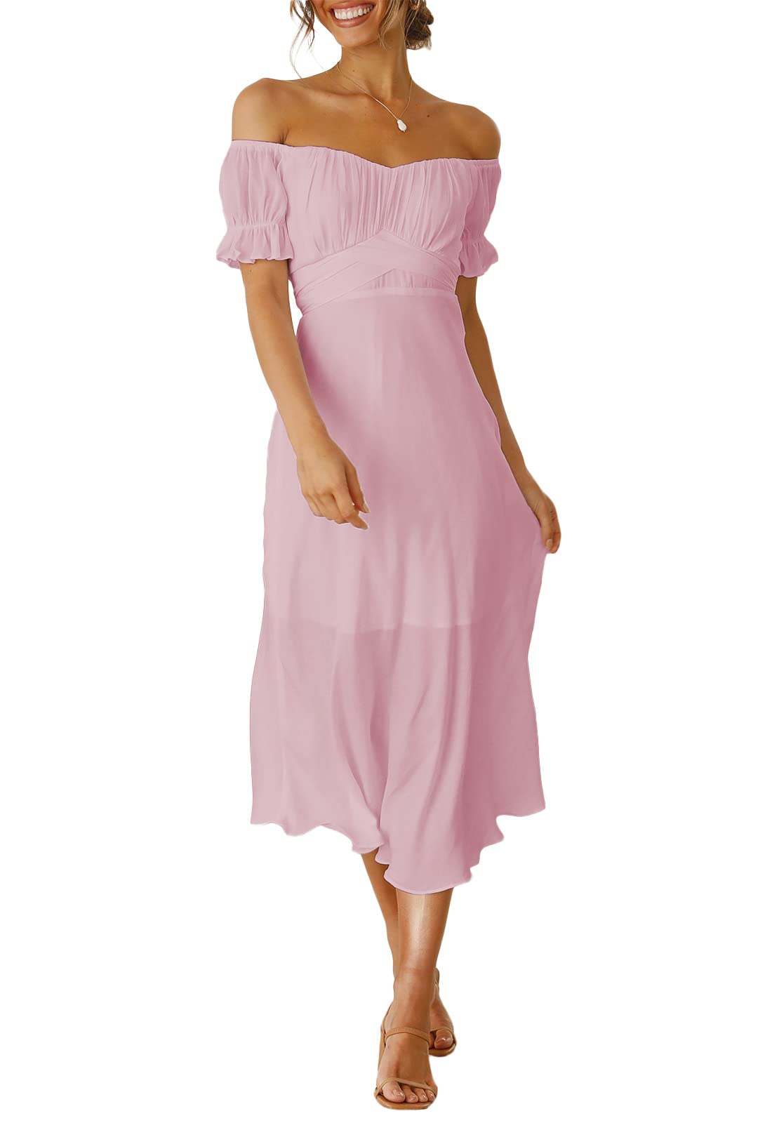 Meenew Women's Off Shoulder Long Summer Maxi Dress - Flowy Casual Beach Vacation Dress for Pool Party, Wedding Guest & Tropical Getaway