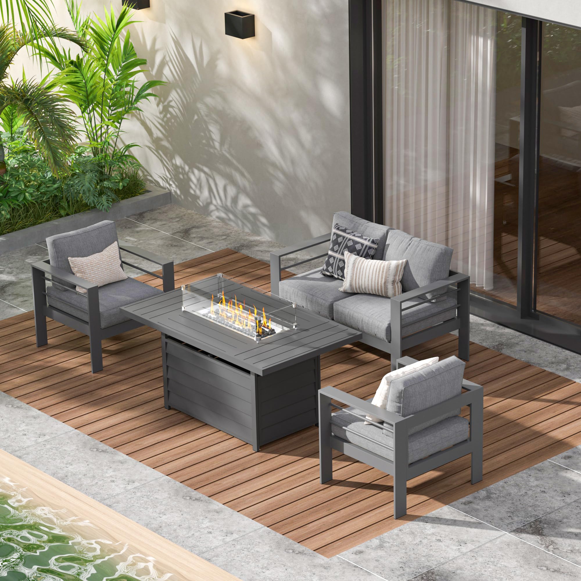 Wisteria Lane 4-Piece Aluminum Patio Furniture Set with 54-Inch CSA Certified Propane Fire Pit Table - Dark Grey Outdoor Metal Sofa Set for Backyard, Garden & Poolside Relaxation