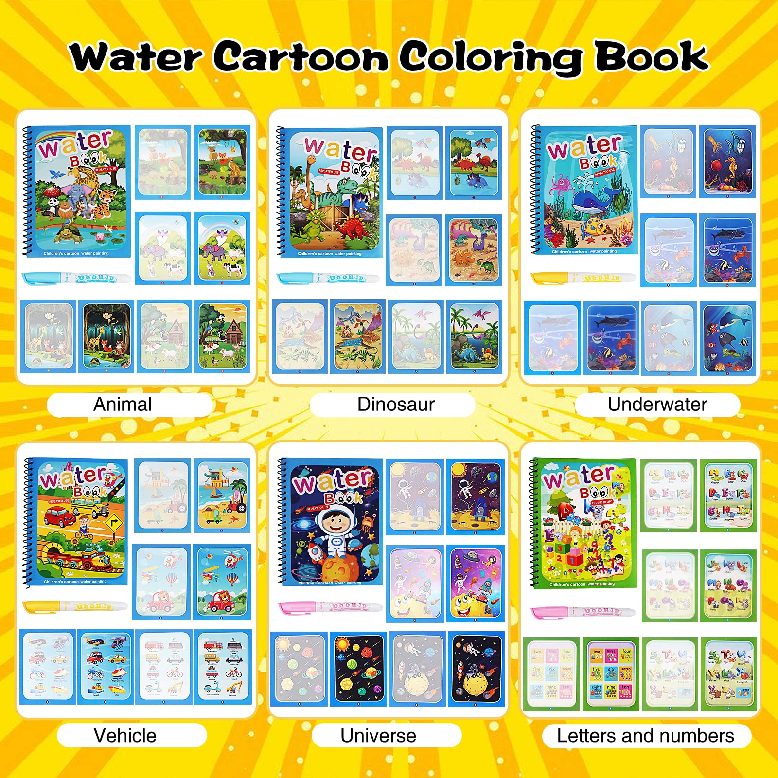 Water Coloring Books for Toddlers 3-5 Years Old | Reusable Water Doodle Painting Activity Books | 6 Pack Travel Toys for Kids | Perfect for Airplane, Car Rides & Quiet Playtime