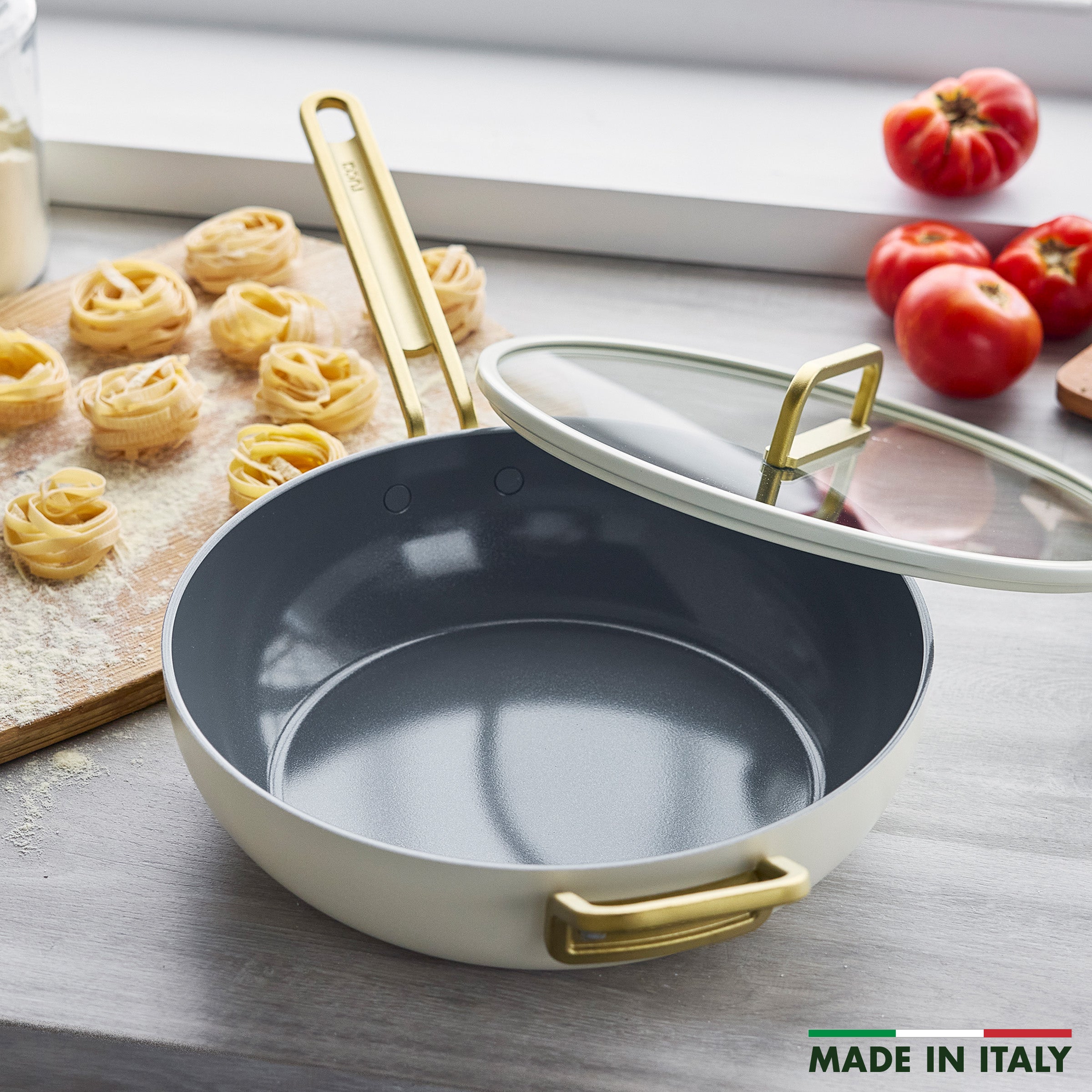 Stanley Tucci™ Ceramic Nonstick 4.5 Quart Saucepan with Lid - Carrara White Cookware for Healthy Cooking | Perfect for Pasta, Soups & Sauces