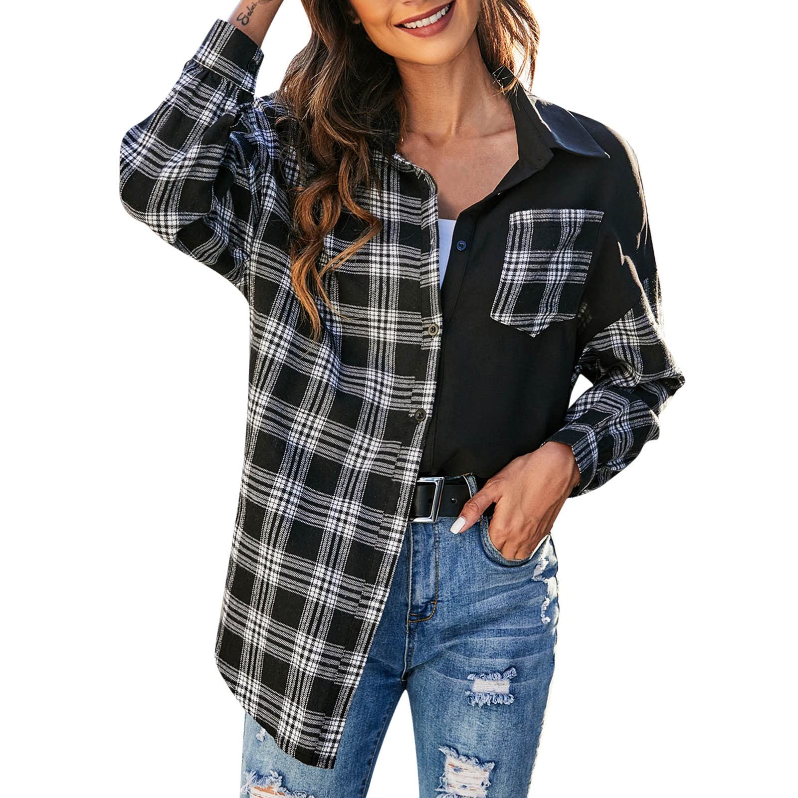 Vintage Flannel Jacket for Women - Autumn Thin Long Sleeve Plaid Print Denim Jacket with Patchwork Design | Perfect for Casual Outfits, Fall Layering and Outdoor Activities