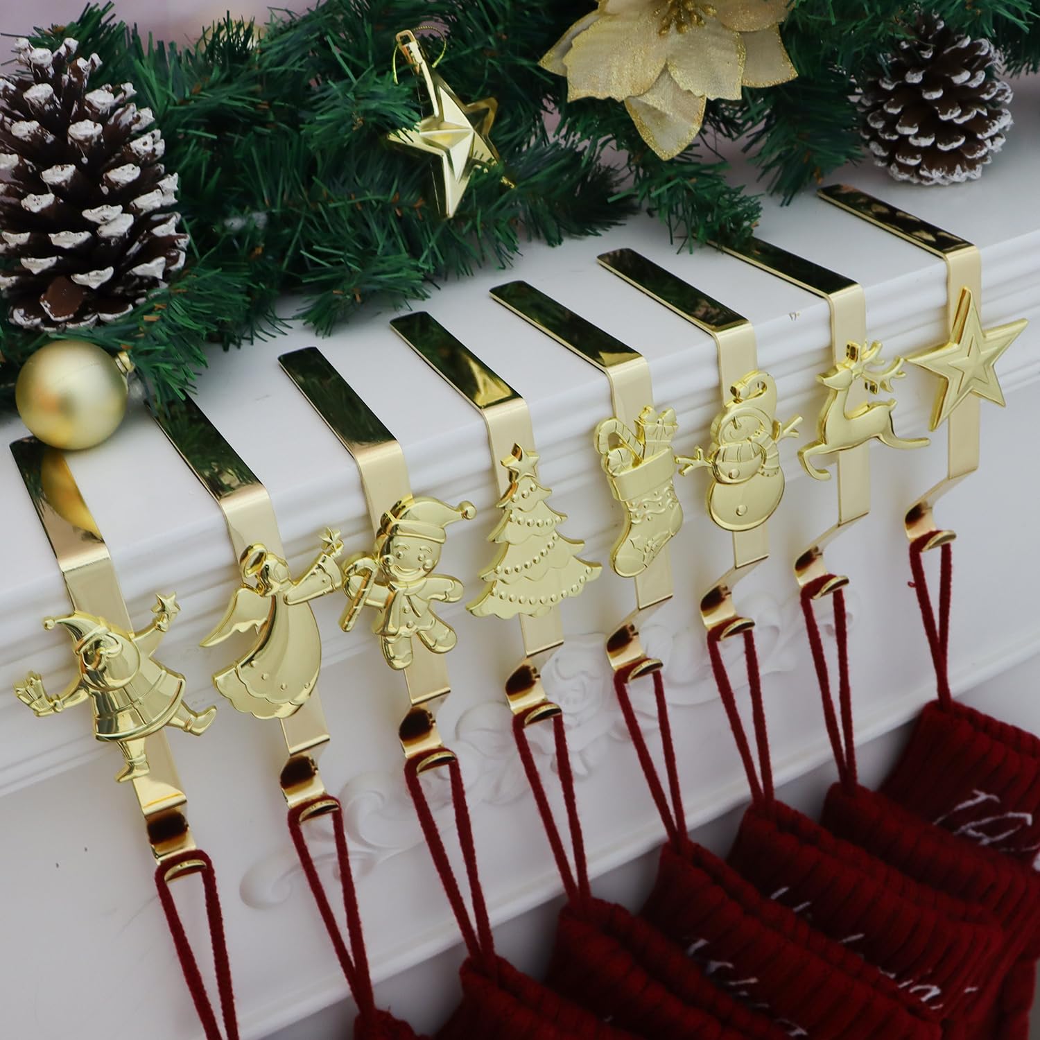 Premium Gold Christmas Stocking Hooks for Fireplace Mantle - Set of 8 Reusable No-Damage Stocking Hangers - Elegant Holiday Decor for Xmas Stockings, Perfect for Fireplace, Staircase or Wall Decorations