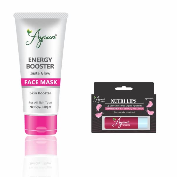 Aysun Energy Booster Face Mask & Cranberry Lip Balm Combo Pack - Skin Hydration & Nourishment Set | Perfect for Daily Skincare Routine & On-The-Go Lip Care