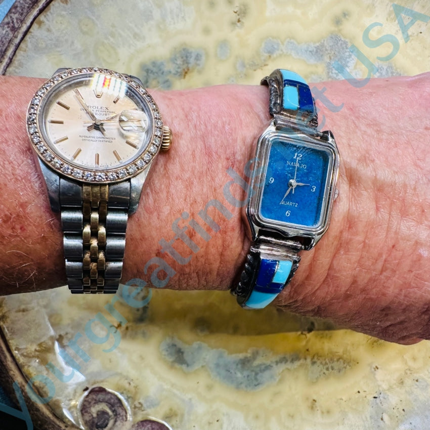 Sterling Silver Turquoise Lapis Lazuli Navajo Watch - Handmade Native American Jewelry for Women - Perfect for Casual Wear, Festivals & Boho Fashion