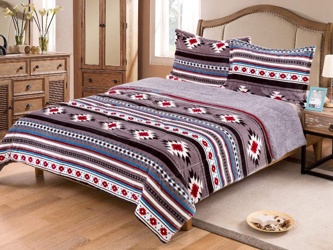 Southwest Plush Sherpa Aztec Navajo Fleece Blanket Set - 3 Piece Queen Size in Gray | Ultra Soft & Warm Winter Bedding for Home, Couch & Travel