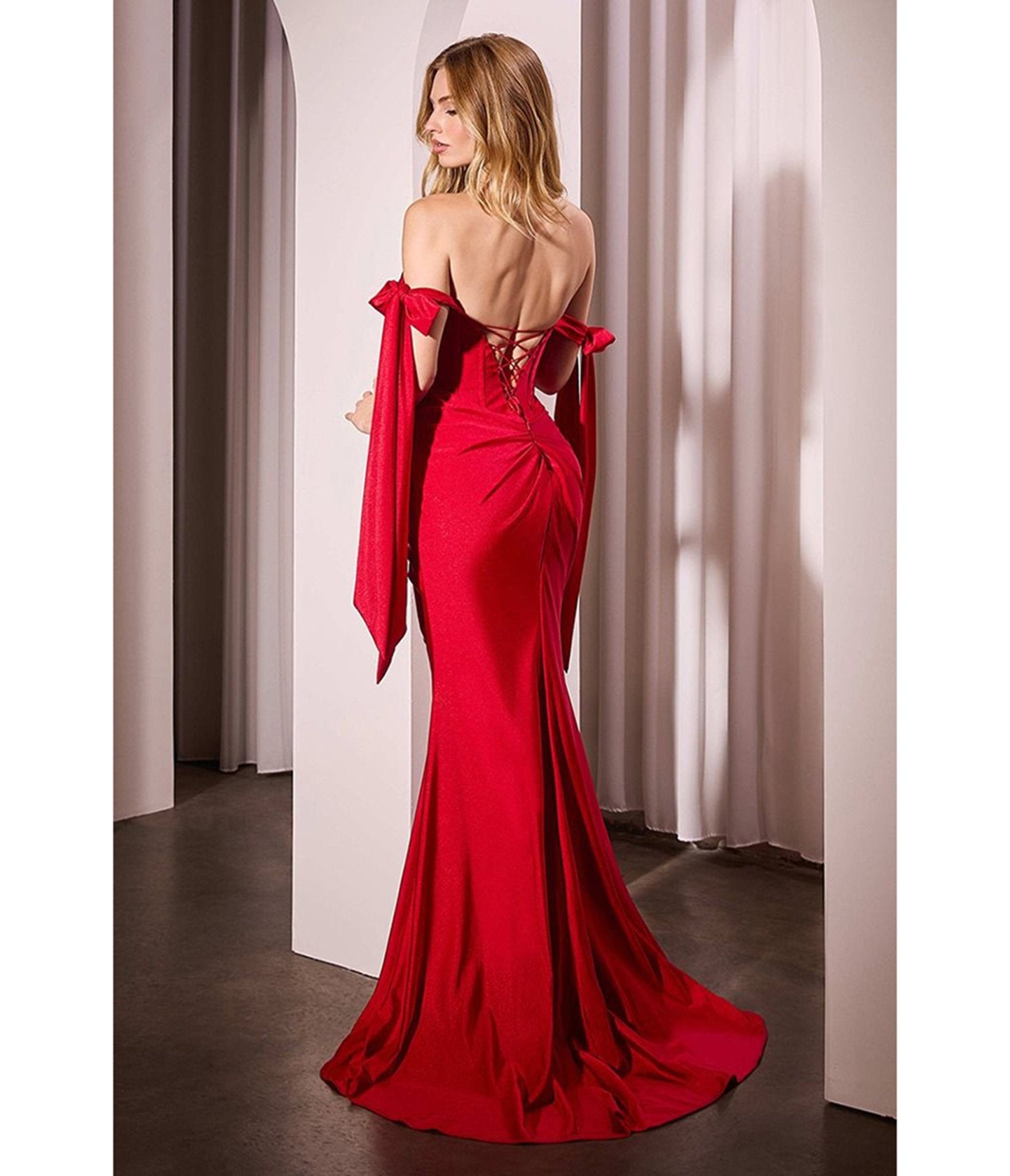 Ladivine by Cinderella Divine Satin Red Off Shoulder Slit Prom Dress - Elegant Formal Gown for Homecoming, Evening Party & Special Occasions