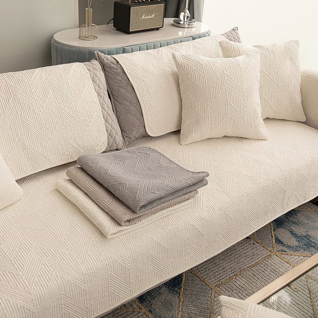 Geometric Cotton Quilted Sofa Cover - Non-Slip Farmhouse Style Sectional Couch Slipcover - Soft Furniture Protector for Pets, Kids & Dogs - Cream Color 28