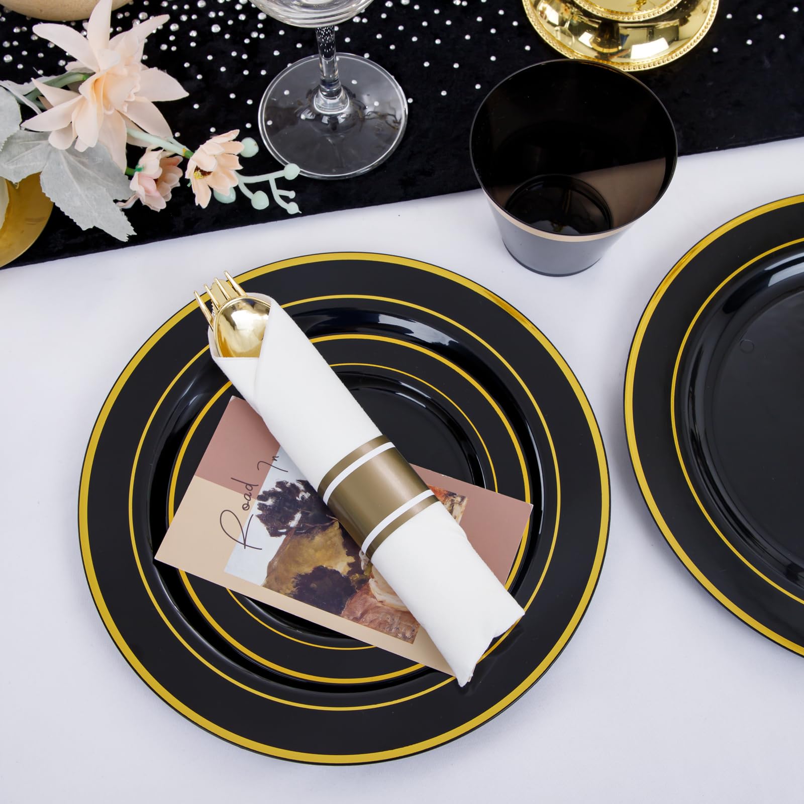350-Piece Black and Gold Disposable Plastic Plate Set with Silverware - 50 9