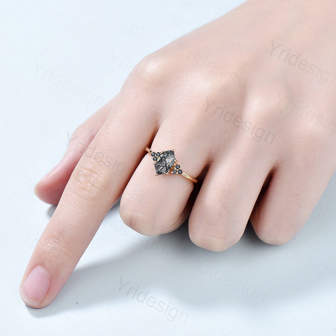 Natural Black Rutilated Quartz Ring for Women - Vintage Hexagon Black Rutile Quartz Engagement Wedding Band - Unique Black Gemstone Bridal Jewelry - Perfect for Proposals, Anniversaries & Special Occasions